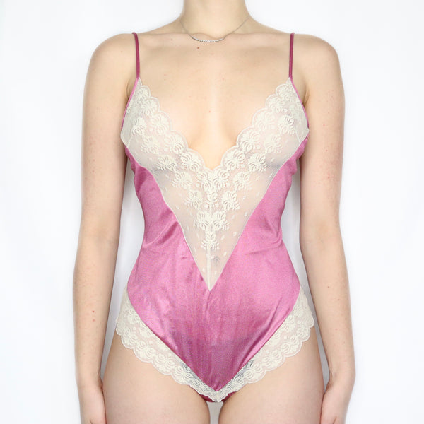 Vintage 70s Rose Pink and Cream Lace Teddy - Imber Vintage