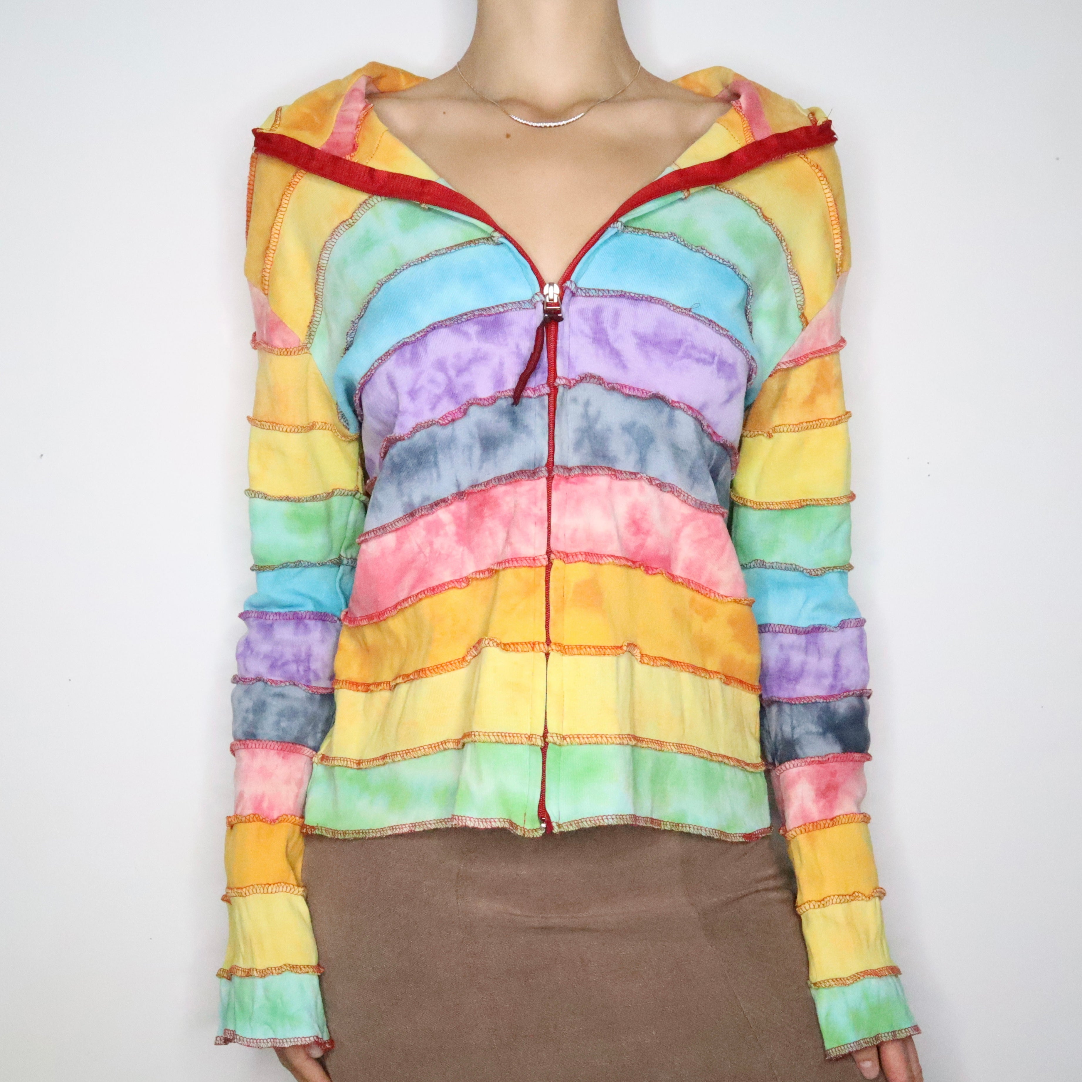 Rainbow Patchwork Zip Up Hoodie (Large) - Imber Vintage