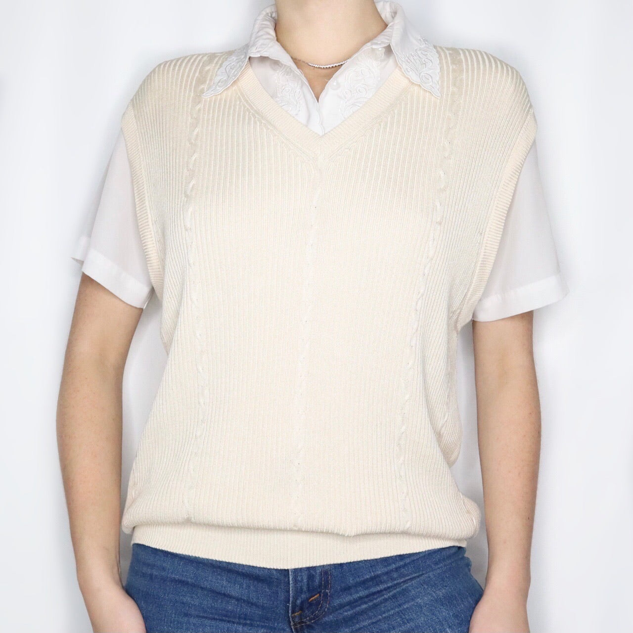 Vintage 90s Cream Silk Knit Sweater Vest
