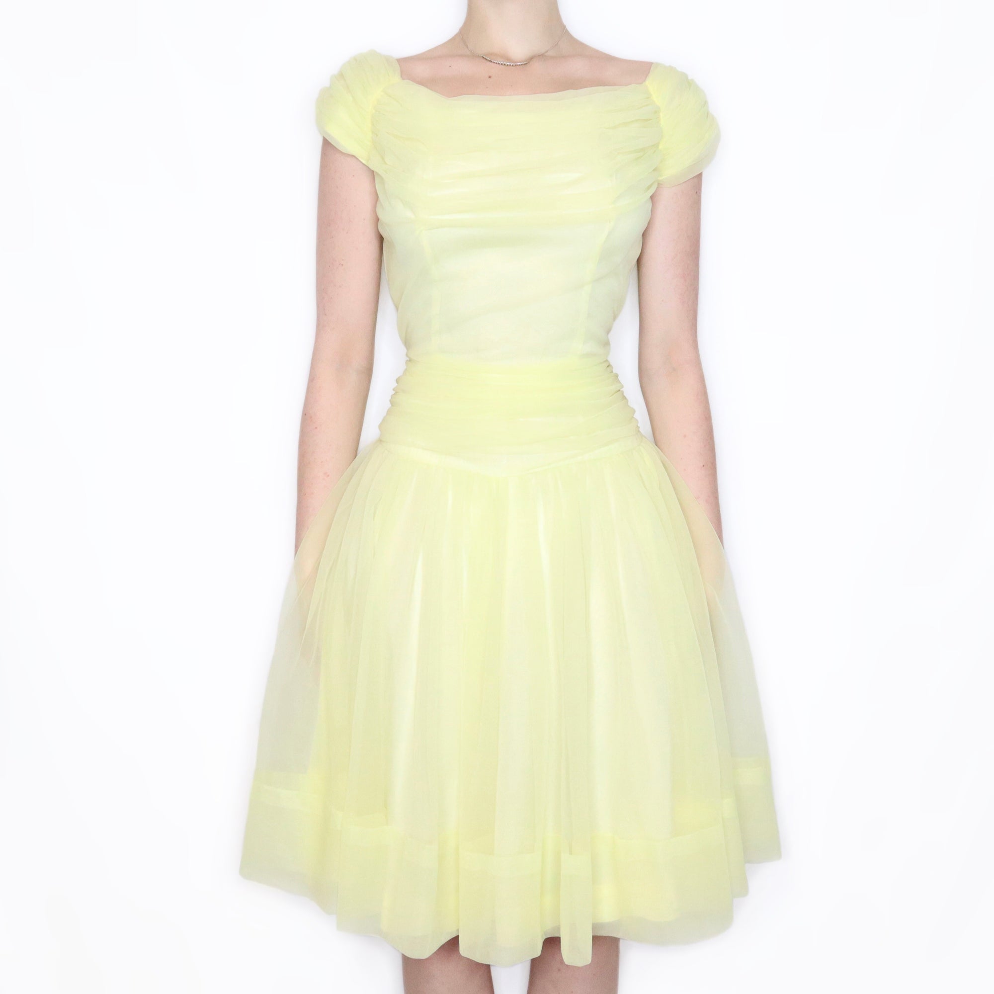 Vintage 1950s Pastel Yellow Tulle Prom Dress