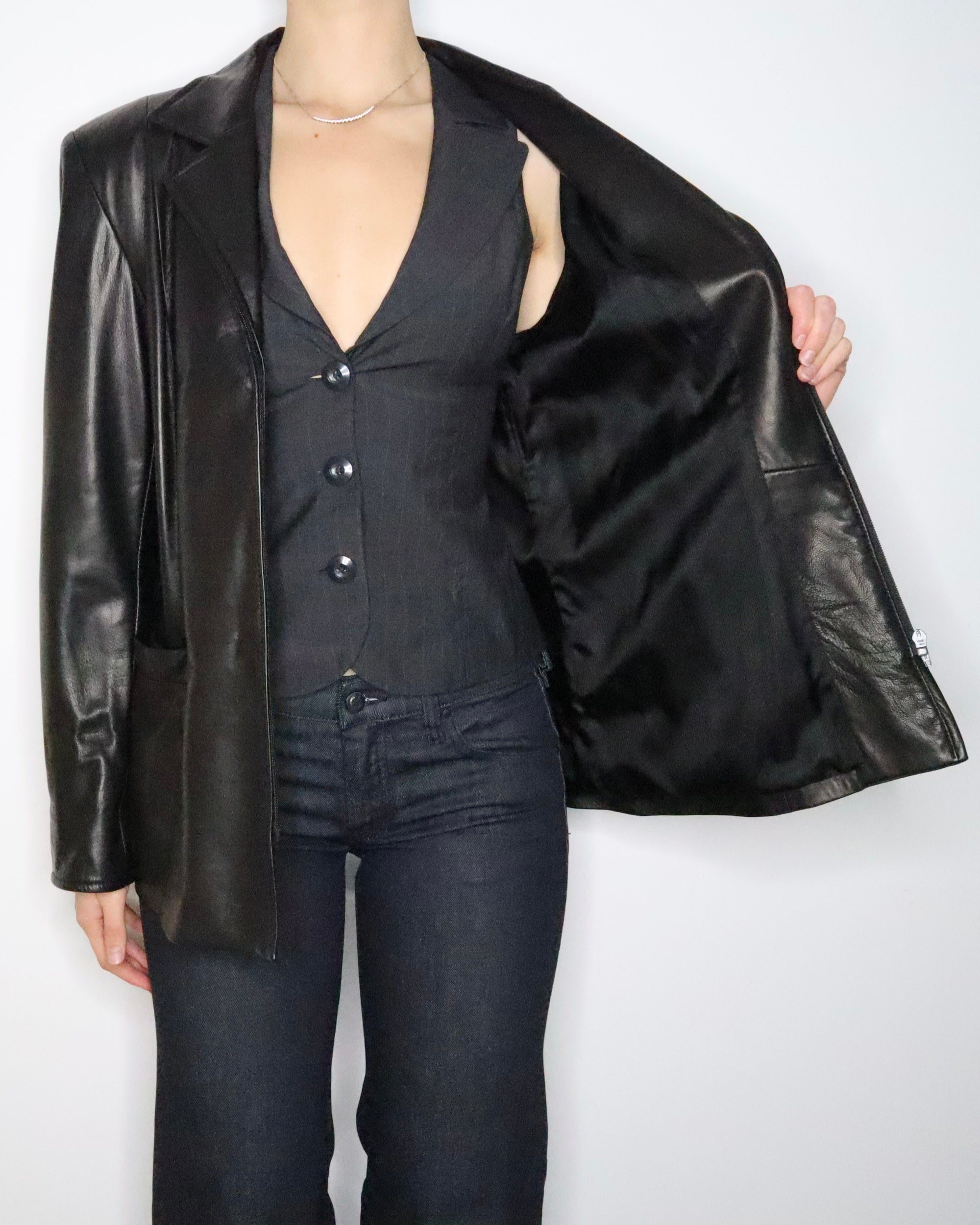Black Leather Zip Up Jacket (Large) 