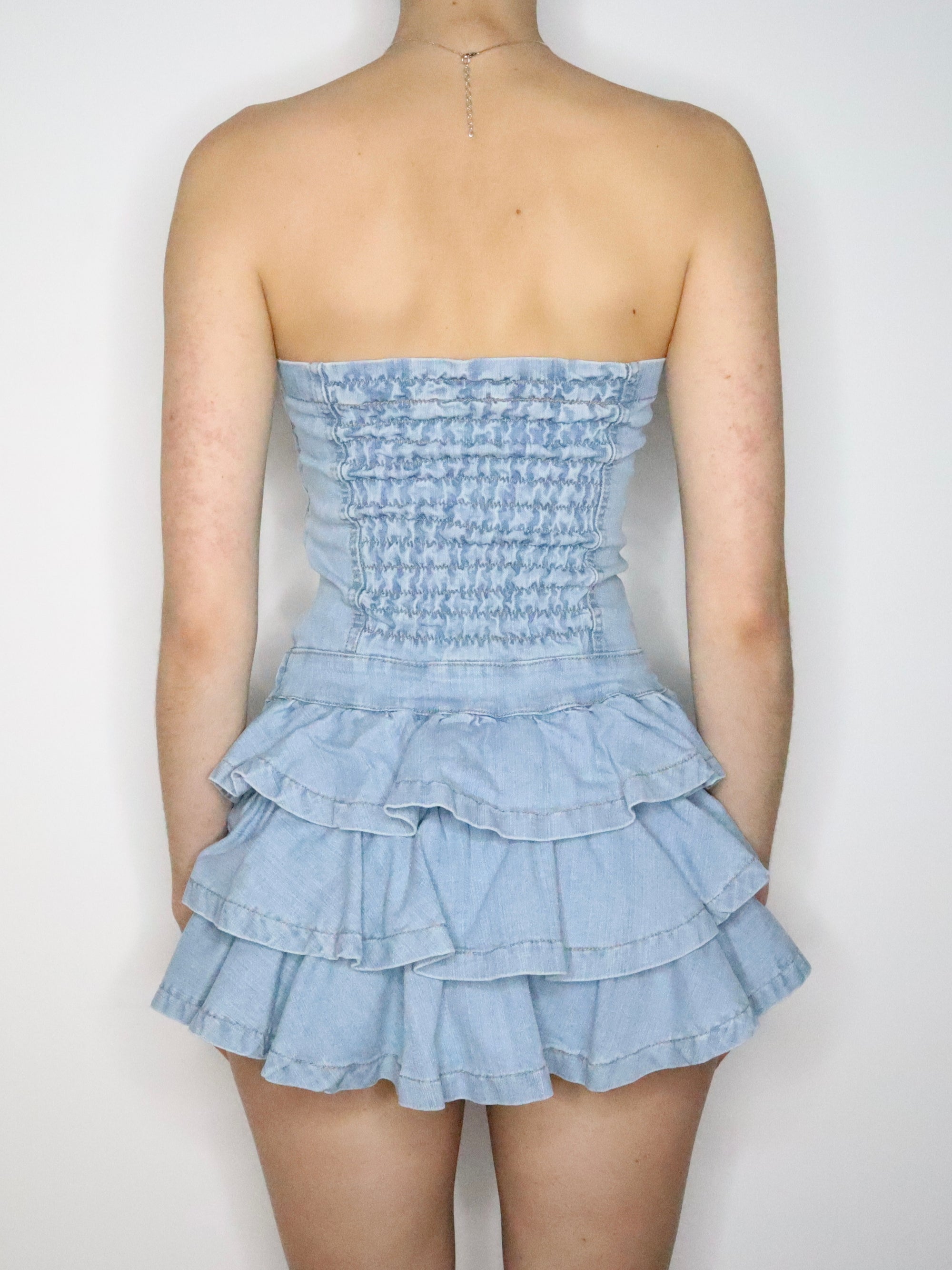 Denim Ruffle Mini Dress (Small) 