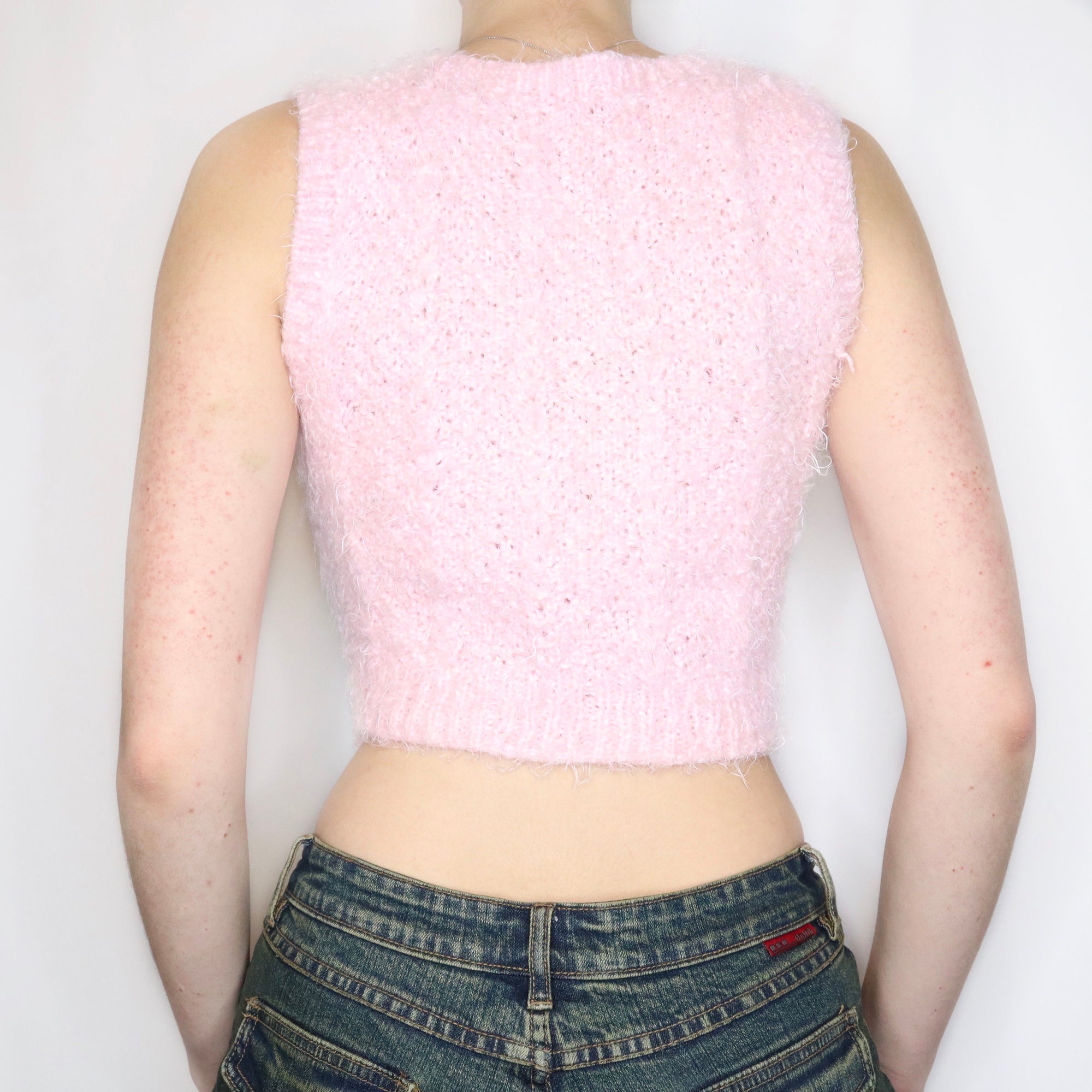 Vintage Y2K Fuzzy Pastel Pink Cropped Sweater Vest