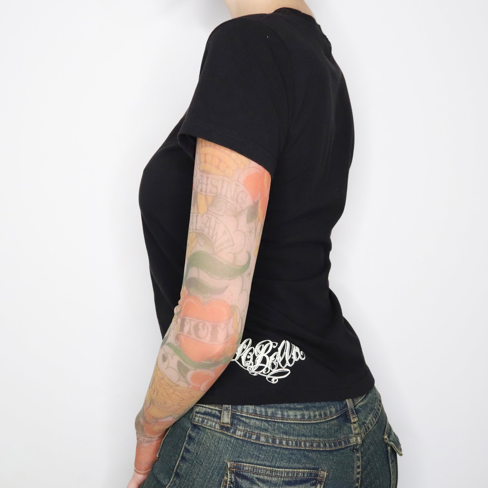 Vintage Early 2000s Black Tee with Tattoo Mesh Long Sleeves