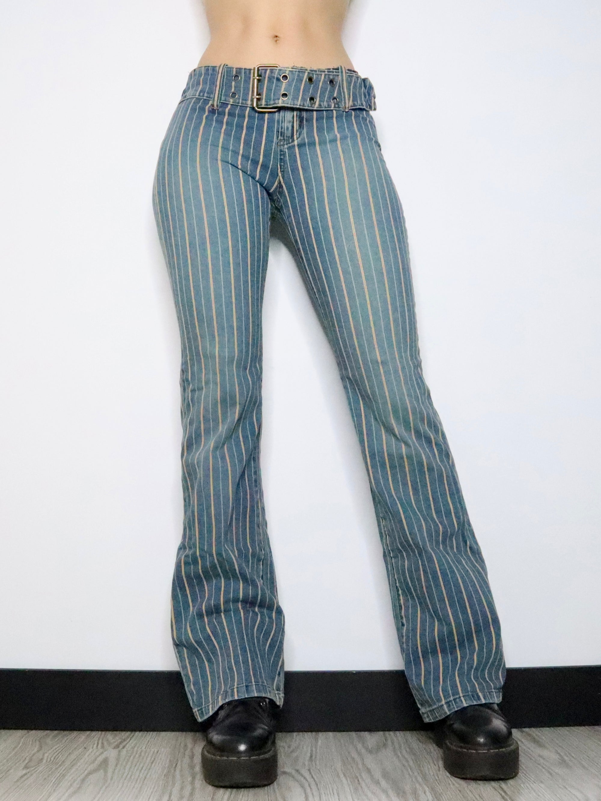 Pinstripe Buckle Flare Jeans (Medium) 