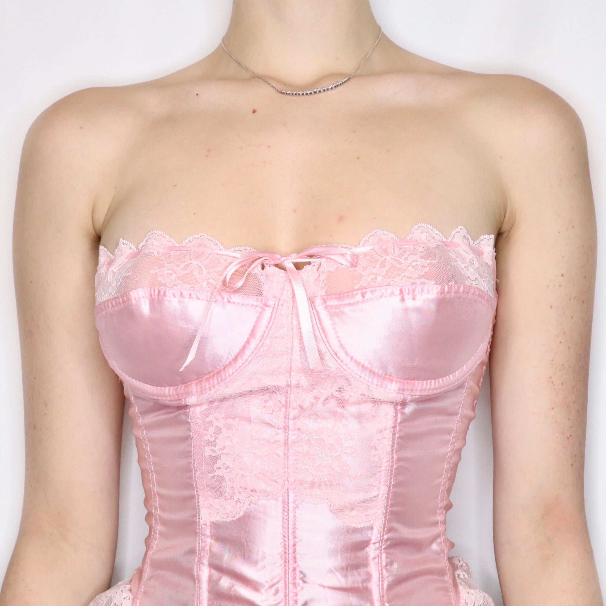 Vintage 70s Pastel Pink Satin and Lace Corset