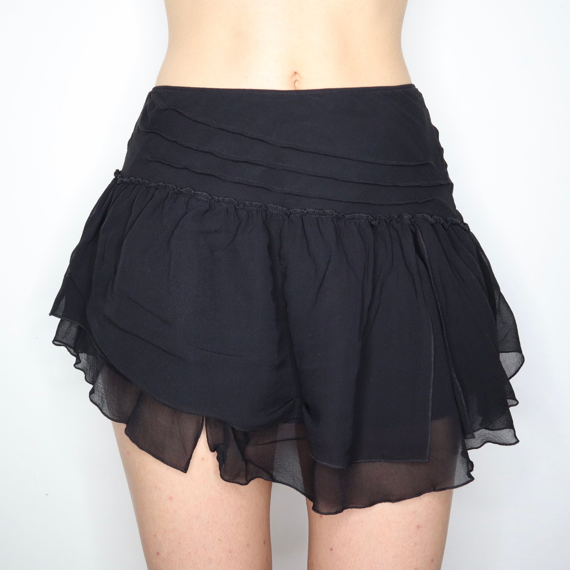Vintage Y2K Asymmetrical Black Silk Ruffle Mini Skirt