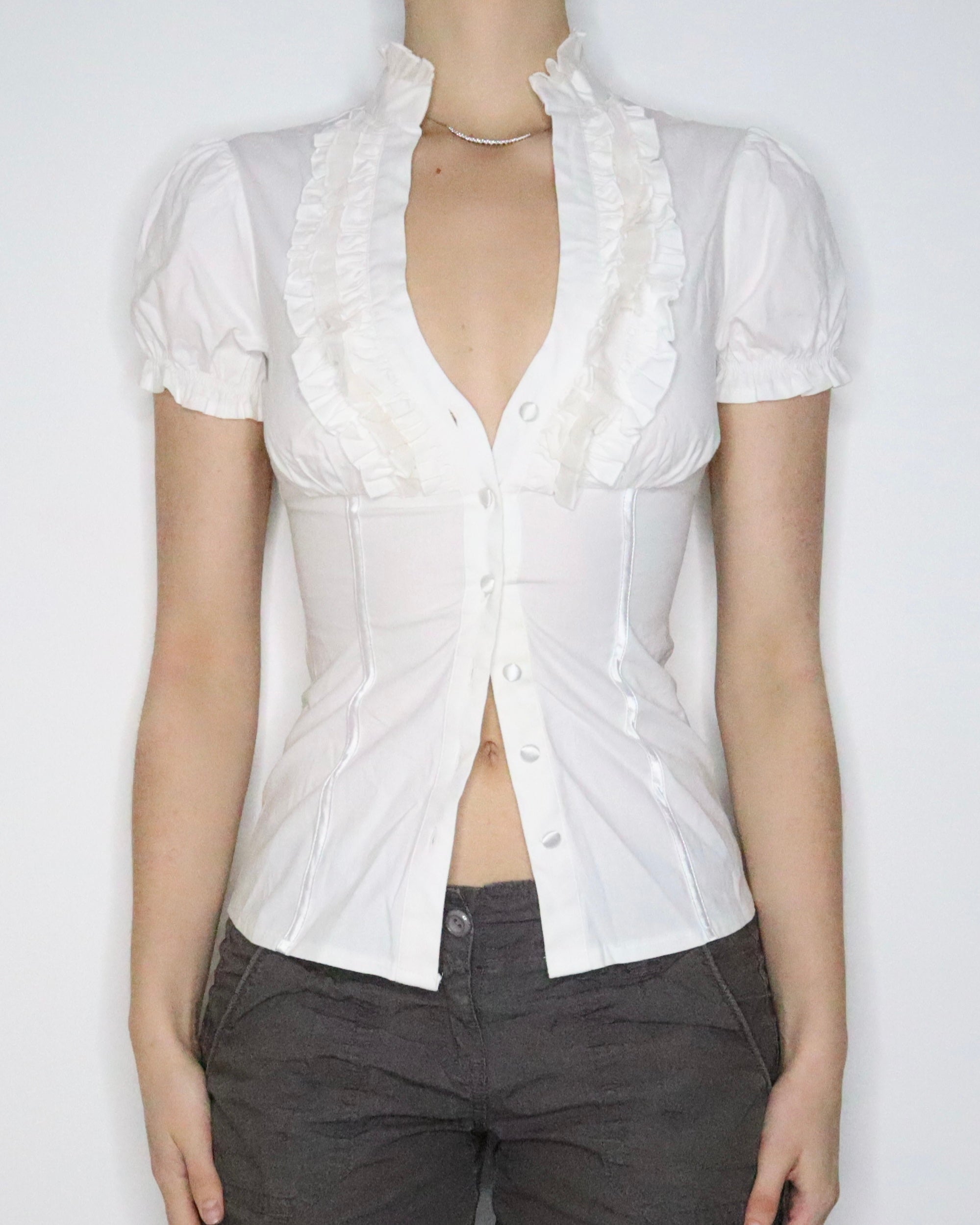 Bebe White Ruffle Blouse (XS-S) 