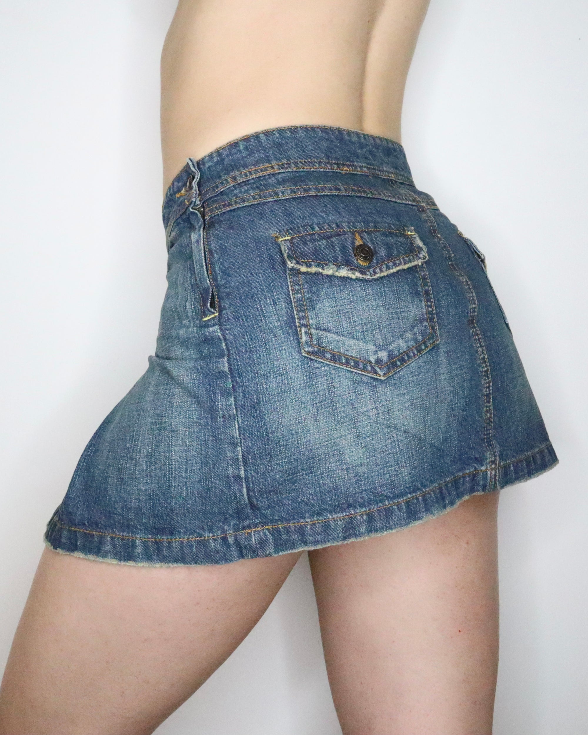 Britney Low Rise Denim Pleated Mini Skirt Large