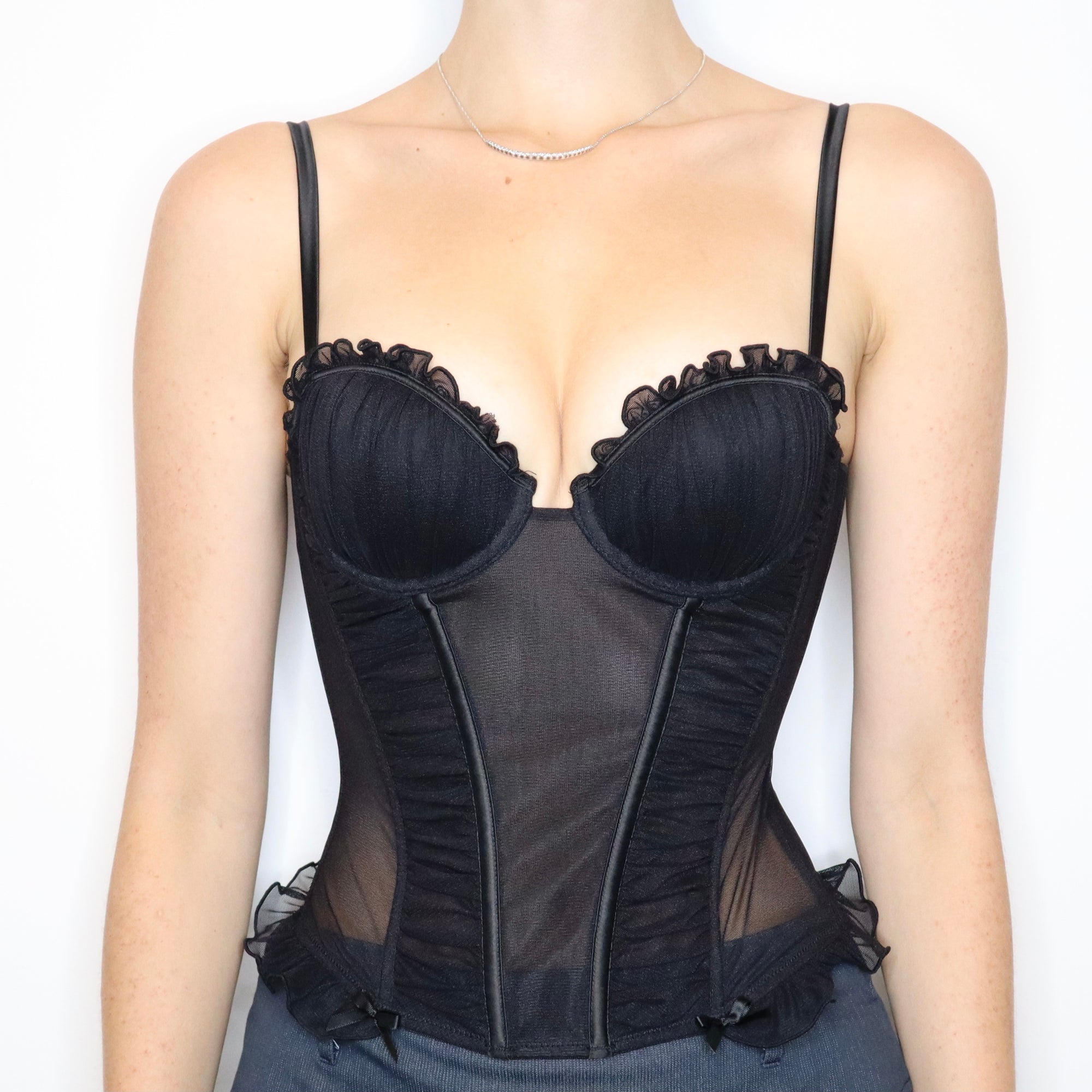 Vintage Early 2000s Black Ruched Mesh Bustier