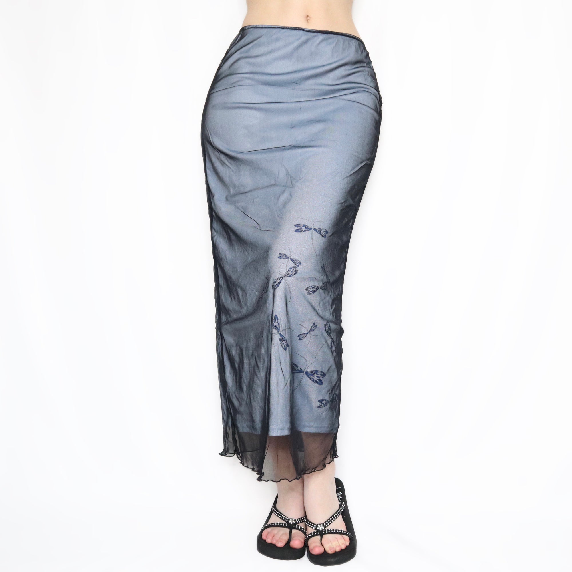 Vintage 90s Layered Mesh Dragonfly Maxi Skirt