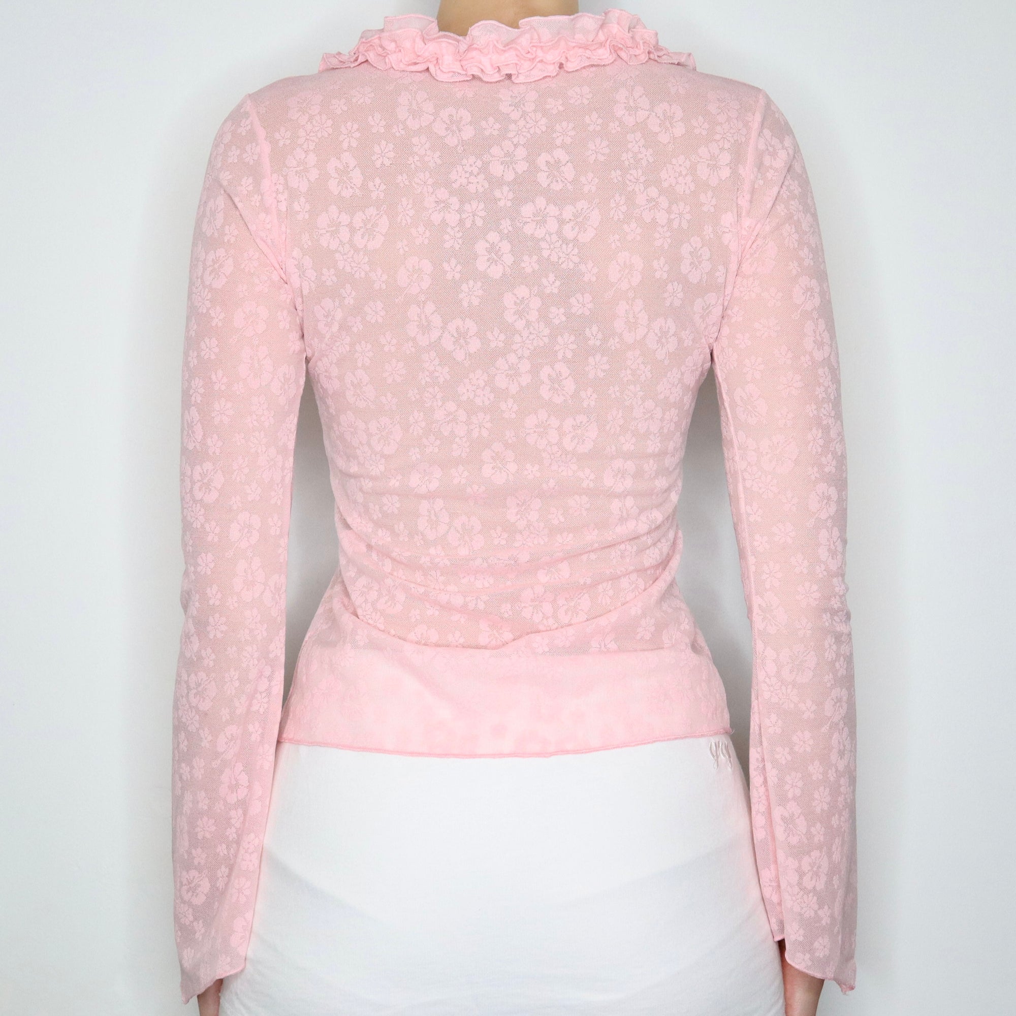 Vintage Early 2000s Pastel Pink Hibiscus Mesh Blouse