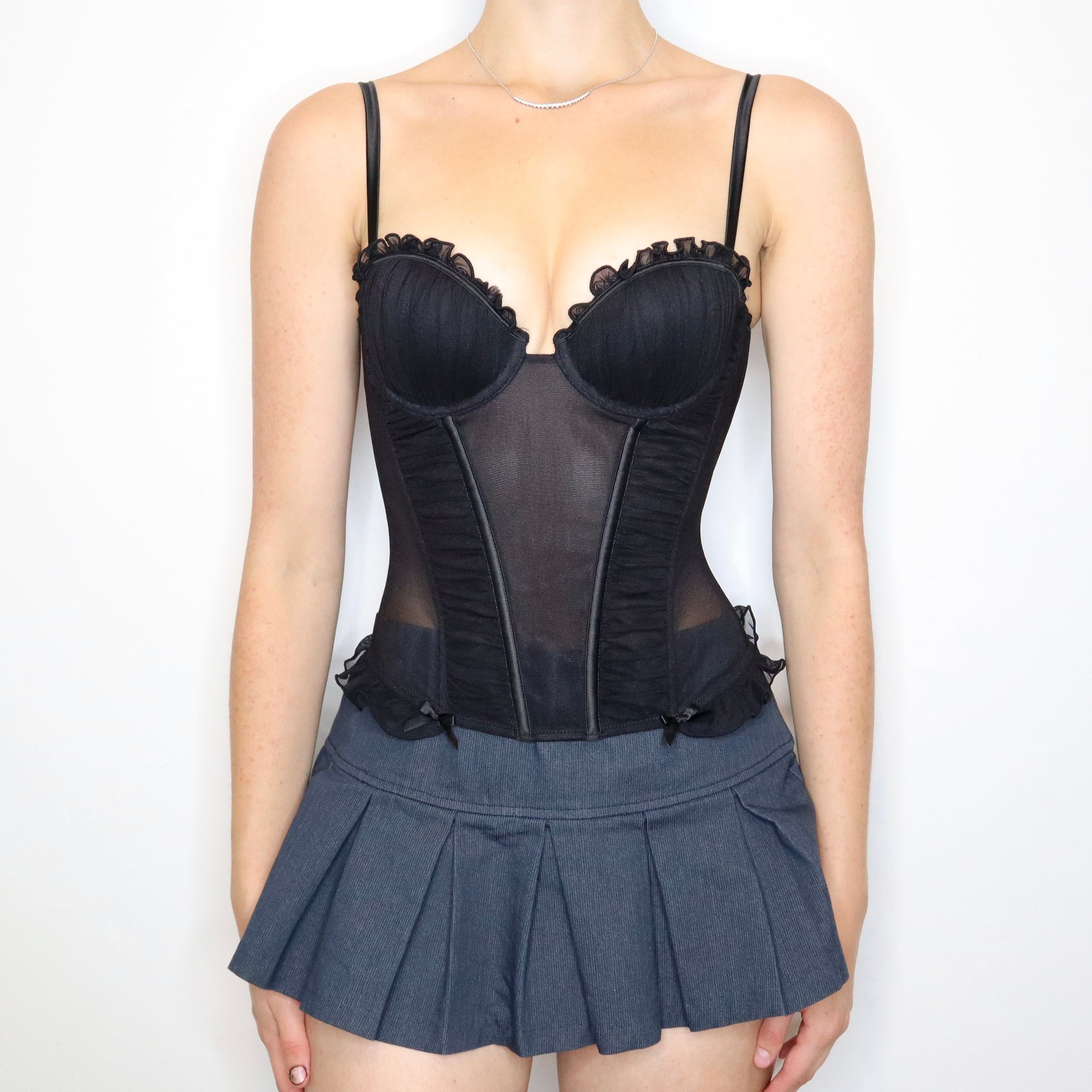 Vintage Early 2000s Black Ruched Mesh Bustier