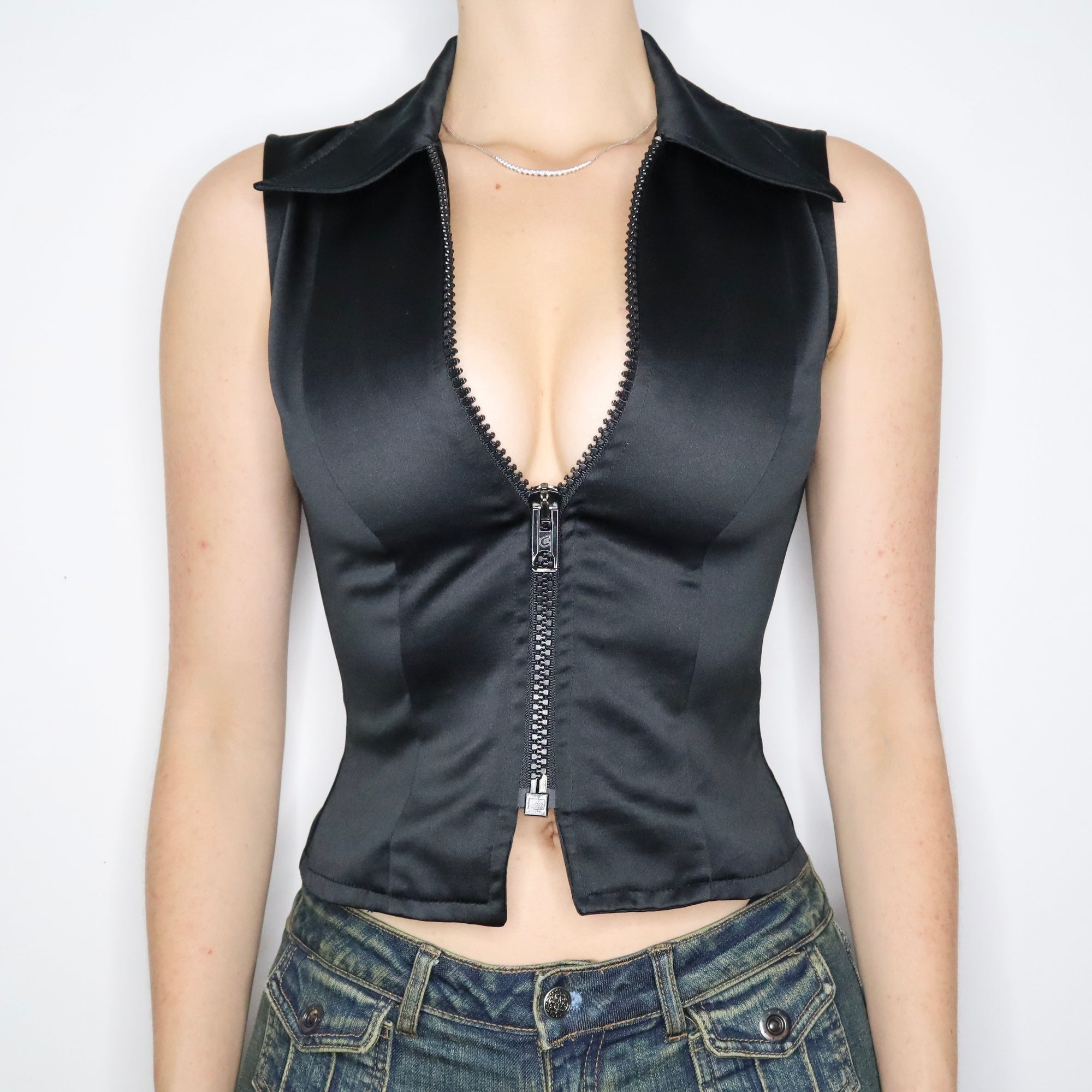 Vintage Y2K Black Satin Zip-Up Vest