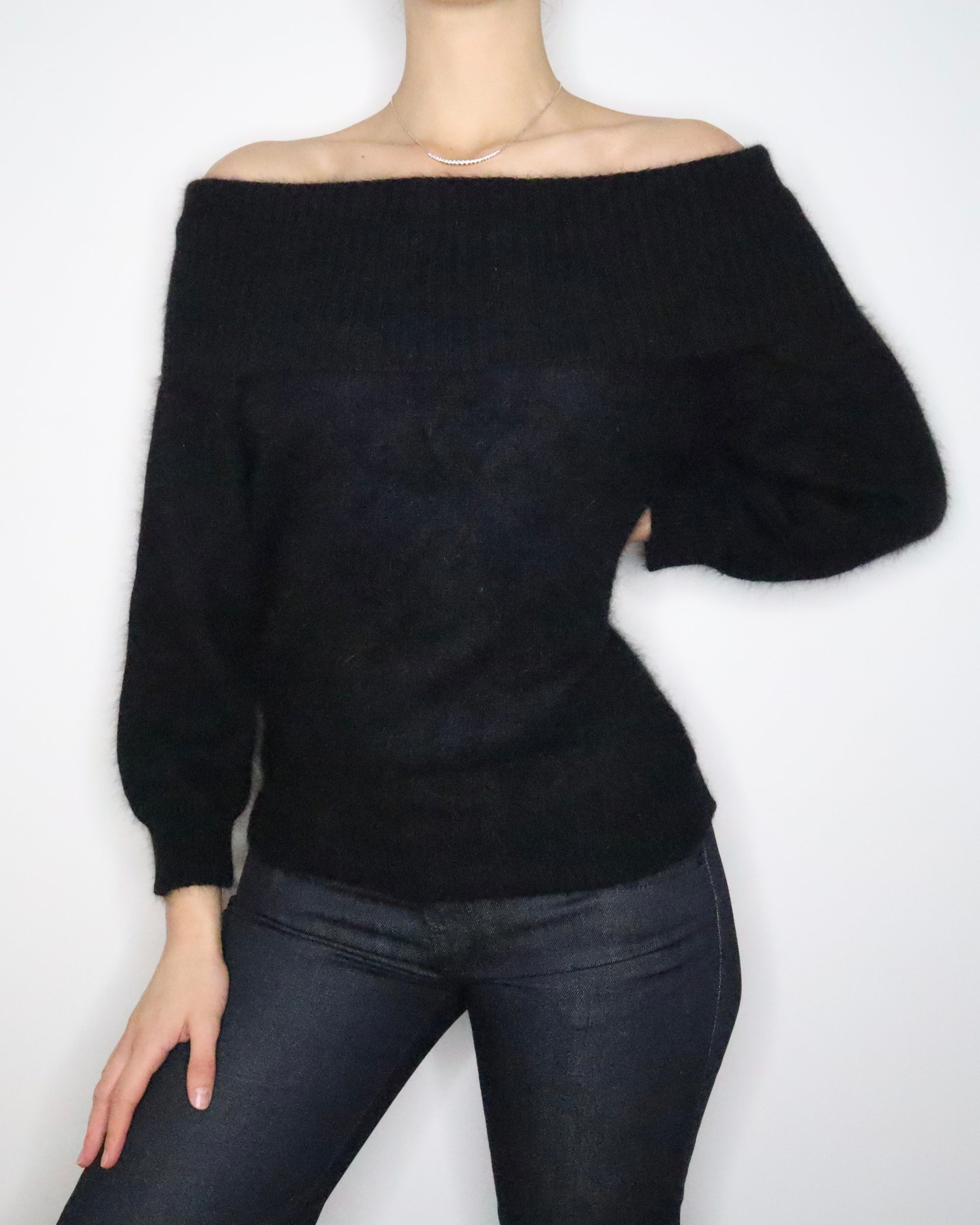 Fuzzy Black Off The Shoulder Sweater (M-L) 