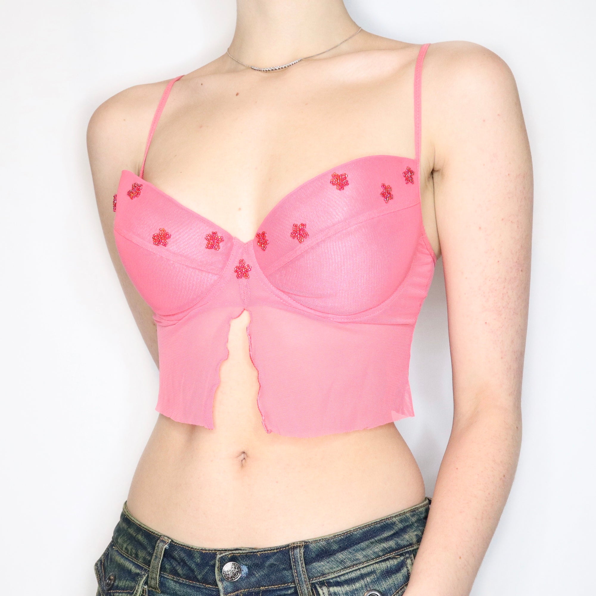 Vintage Early 2000s Cropped Pink Mesh Bustier Top