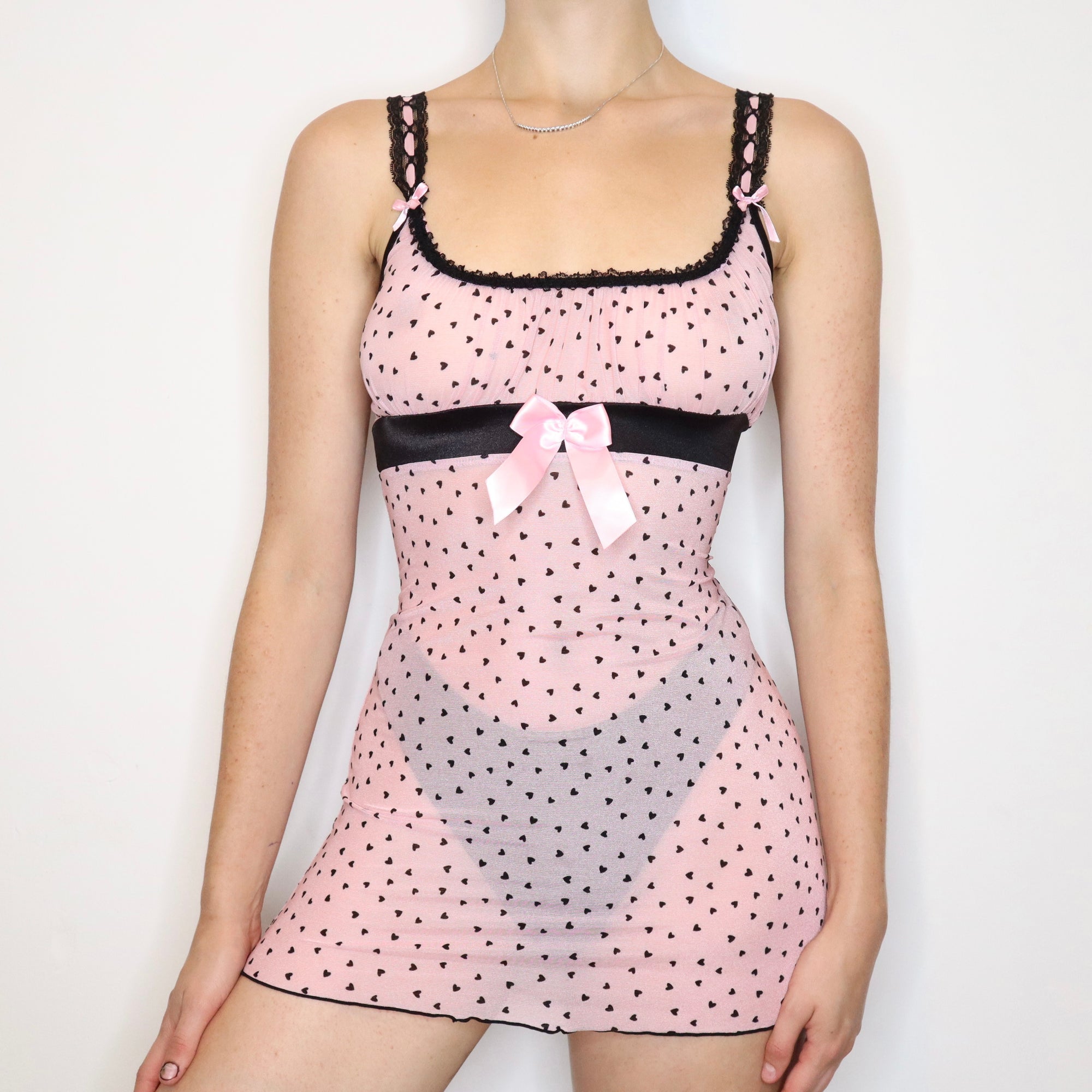 Vintage Early 2000s Baby Pink Hearts Milkmaid Slip Dress