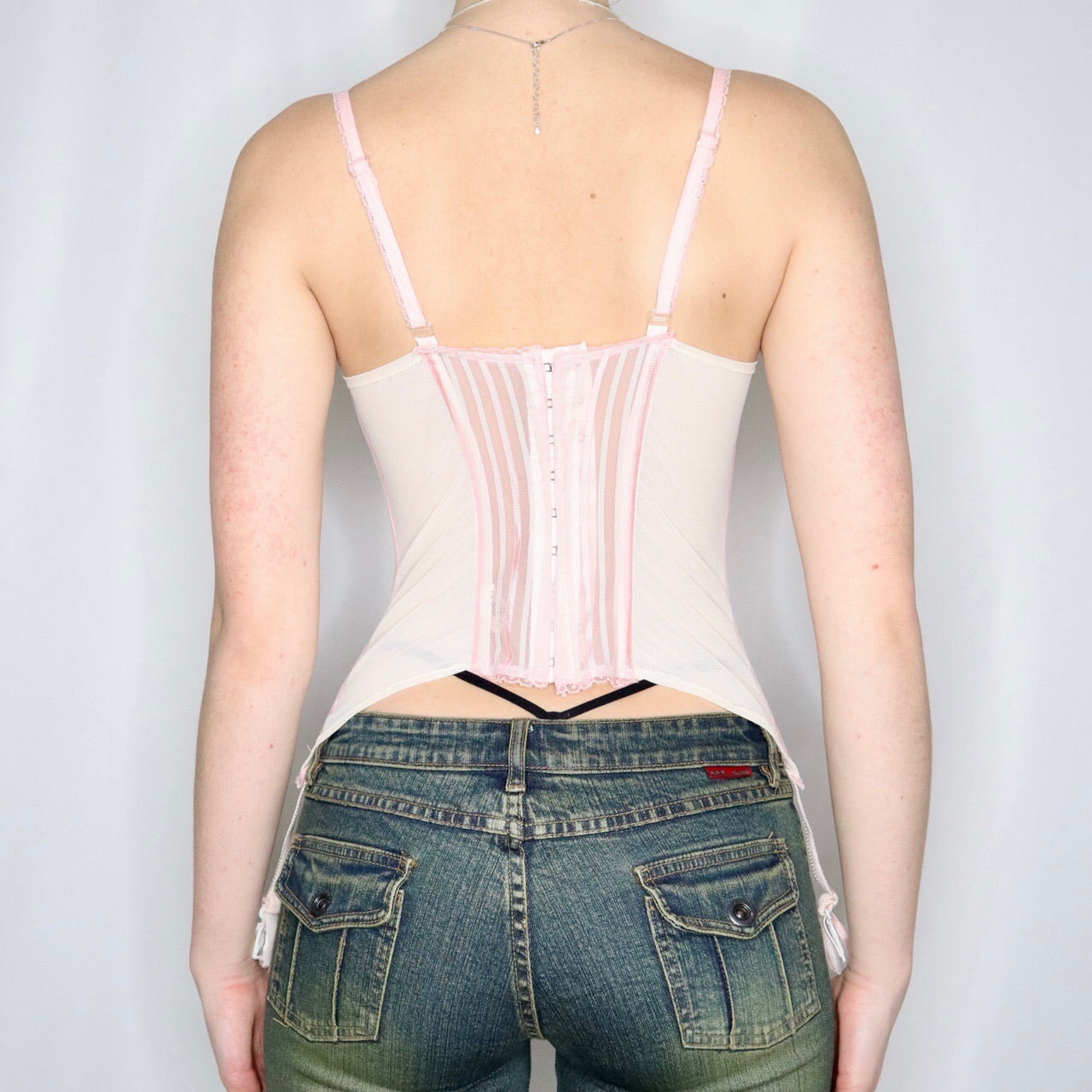 Rare French Vintage 70s Baby Pink Mesh Corset