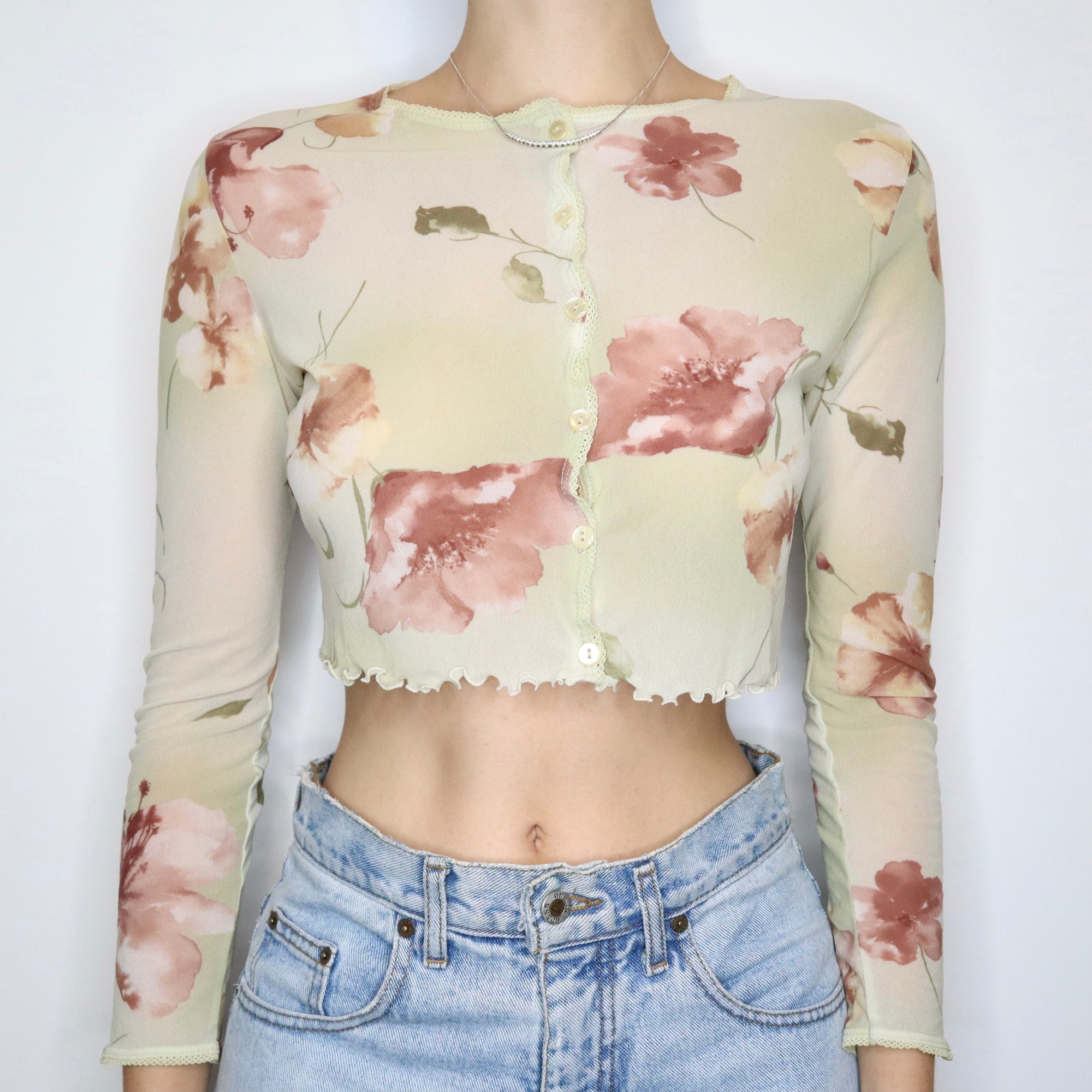 French Vintage Light Green Floral Mesh Top