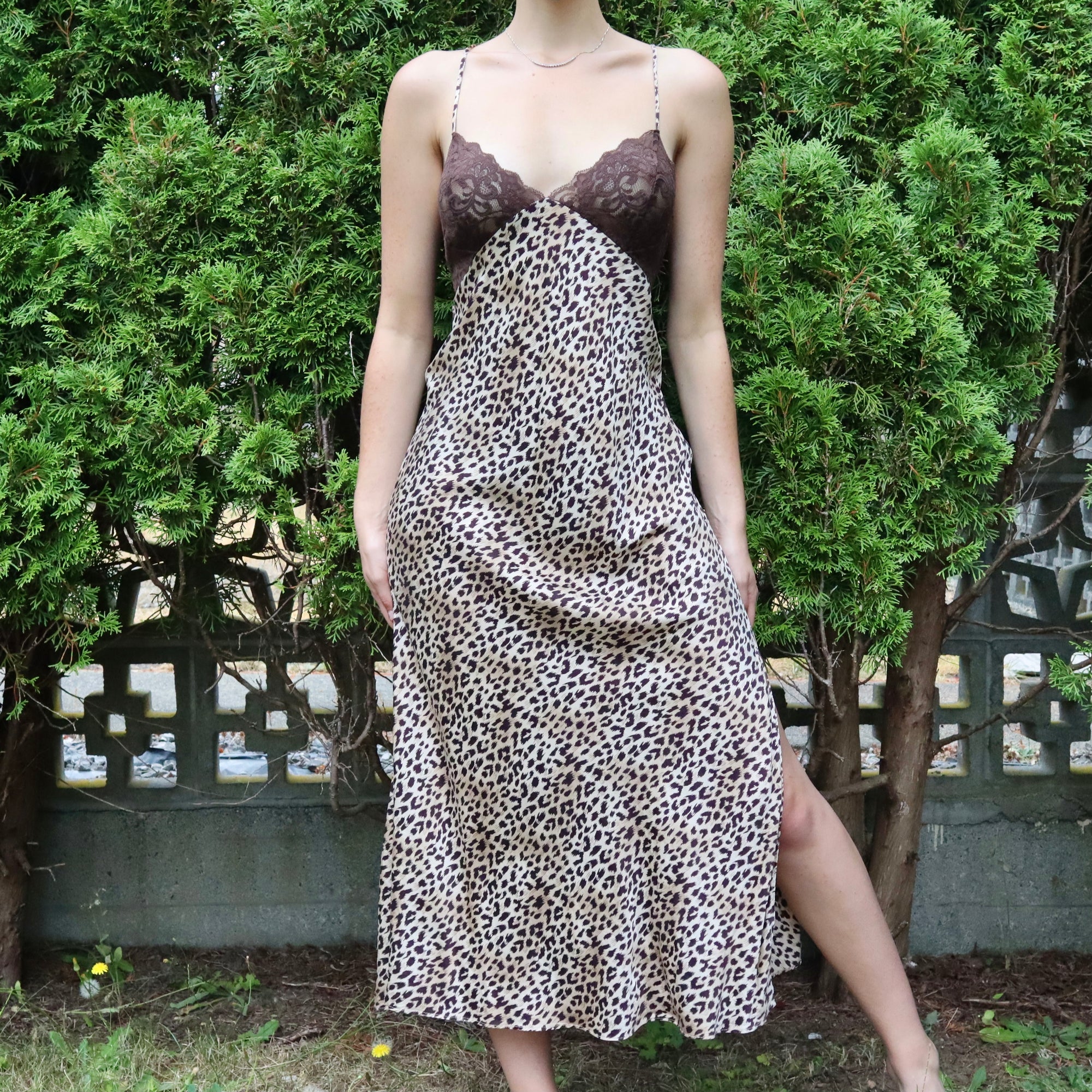 Vintage 90s Leopard Print Silk and Lace Slip Dress