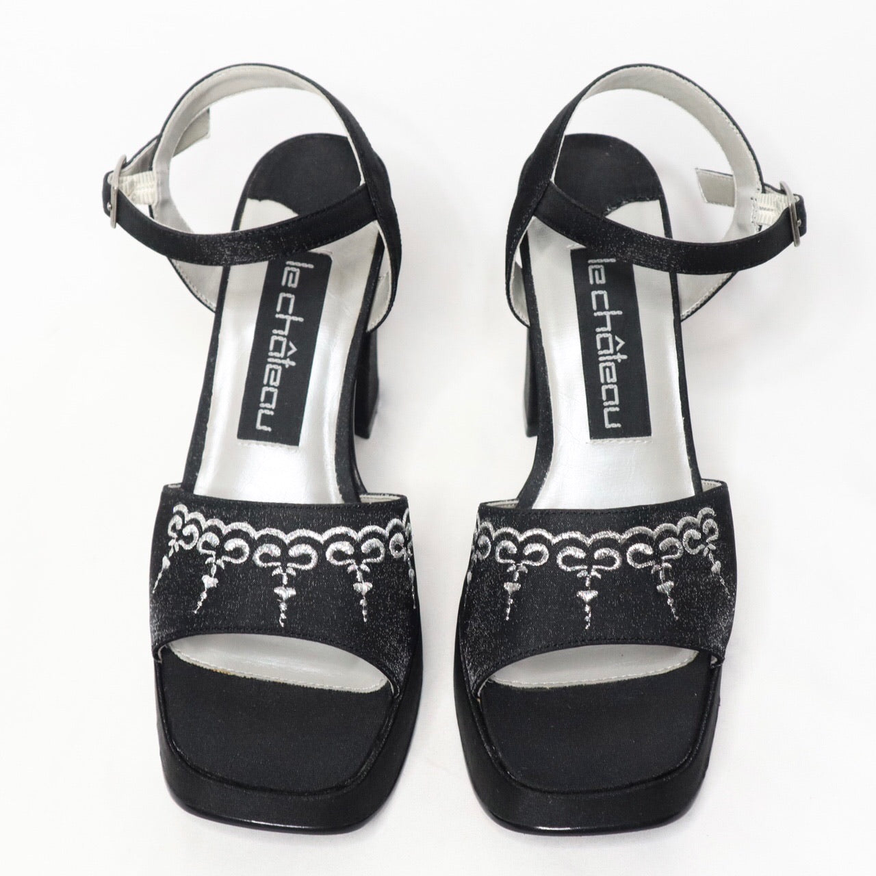 Vintage Y2K Black Shimmer Platform Open Toe Heels