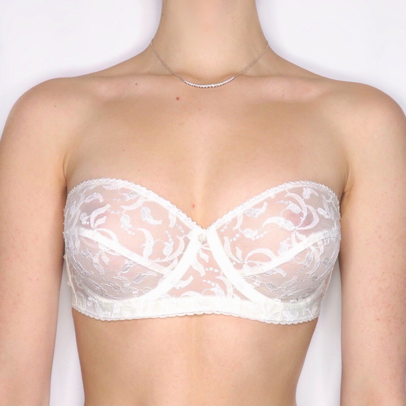 Vintage 90s Sheer White Lace Strapless Underwire Bra - Imber Vintage