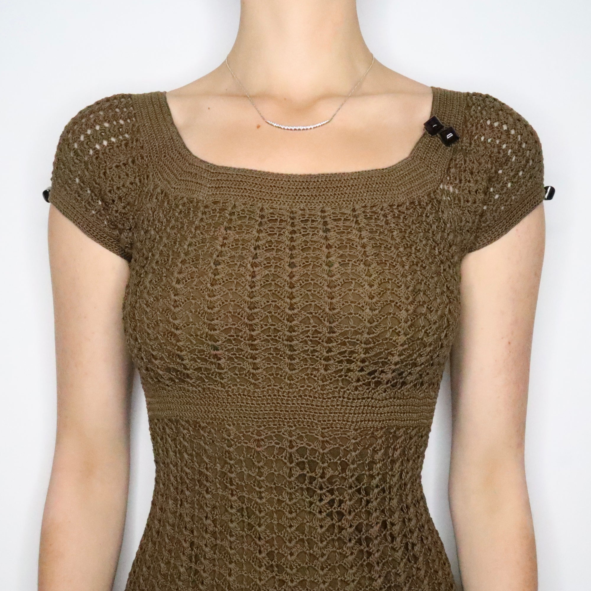 Betsey Johnson Olive Green Crochet Dress (XS-S) - Imber Vintage Betsey Johnson Olive Green Crochet Dress (XS-S) - Imber Vintage
