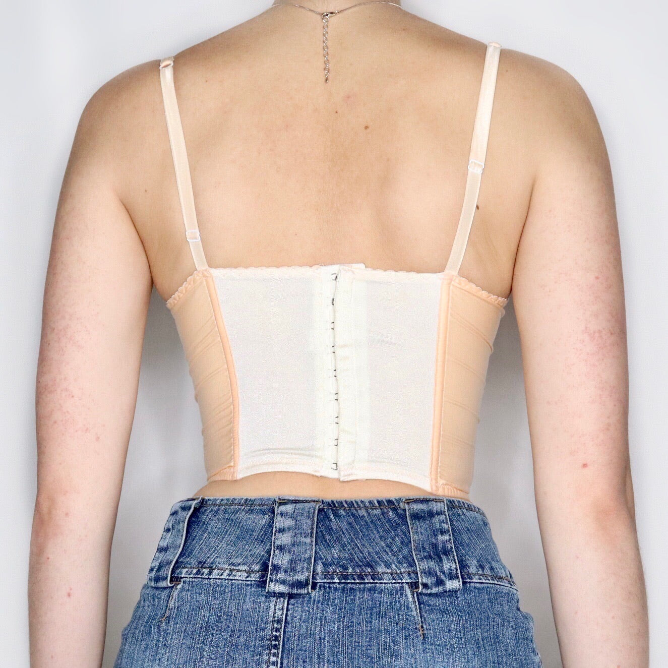 French Vintage 70s Pale Peach Lace Cropped Corset