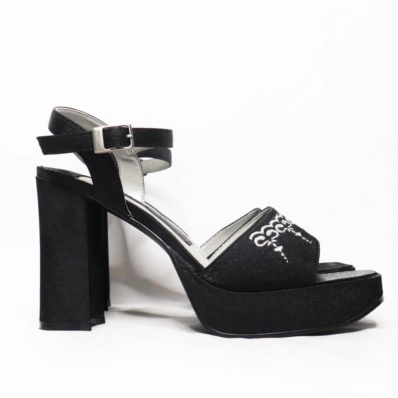 Vintage Y2K Black Shimmer Platform Open Toe Heels