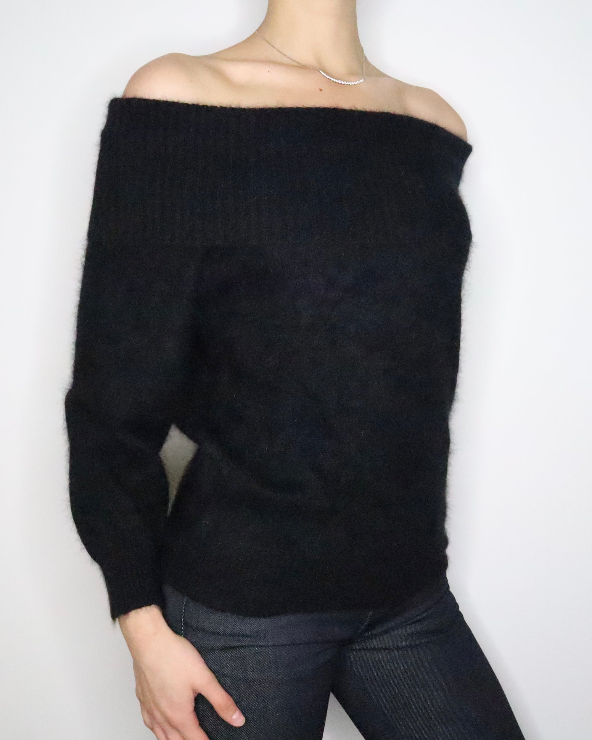 Fuzzy Black Off The Shoulder Sweater (M-L) 