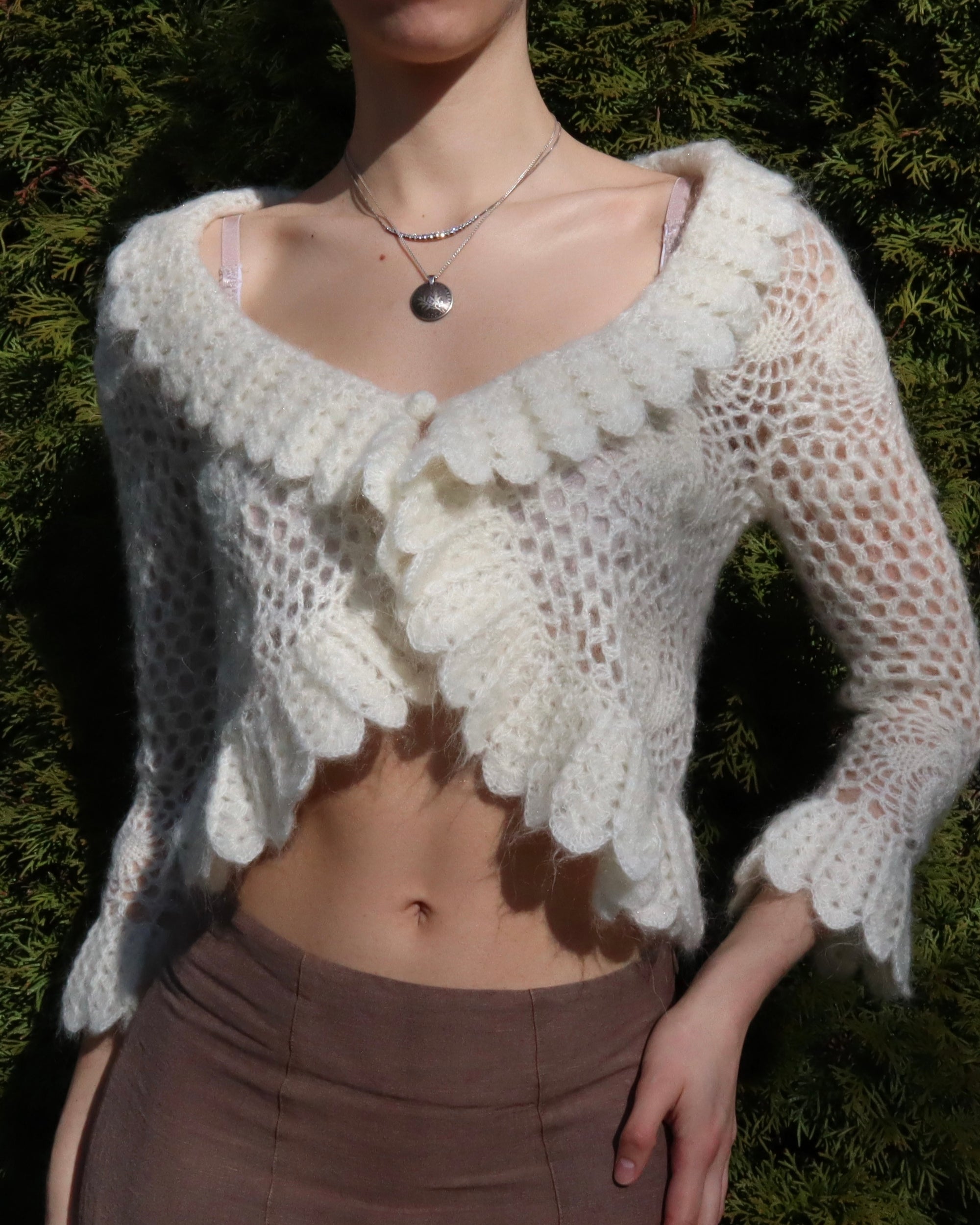 White Mohair Crochet Cardigan (Medium) 