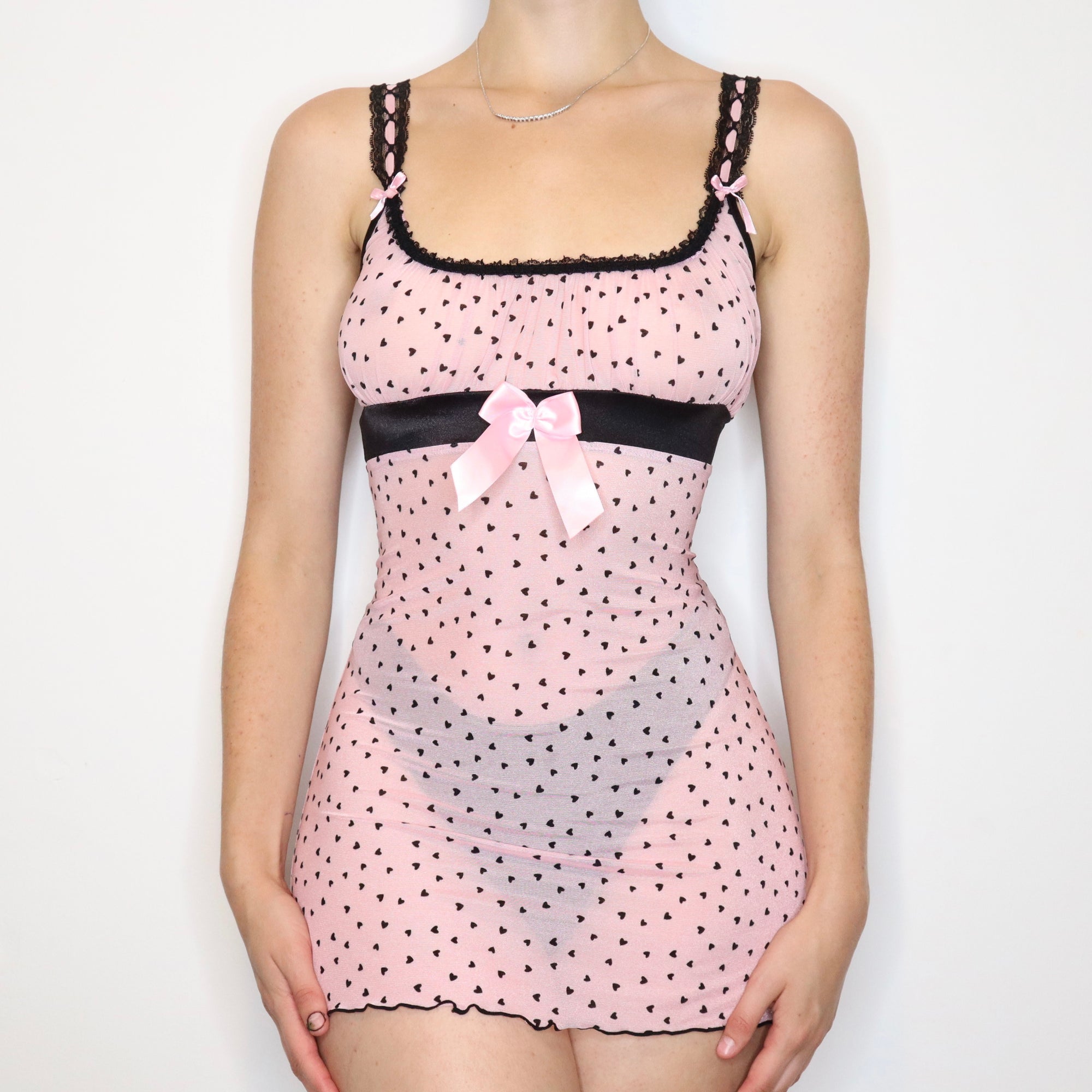 Vintage Early 2000s Baby Pink Hearts Milkmaid Slip Dress