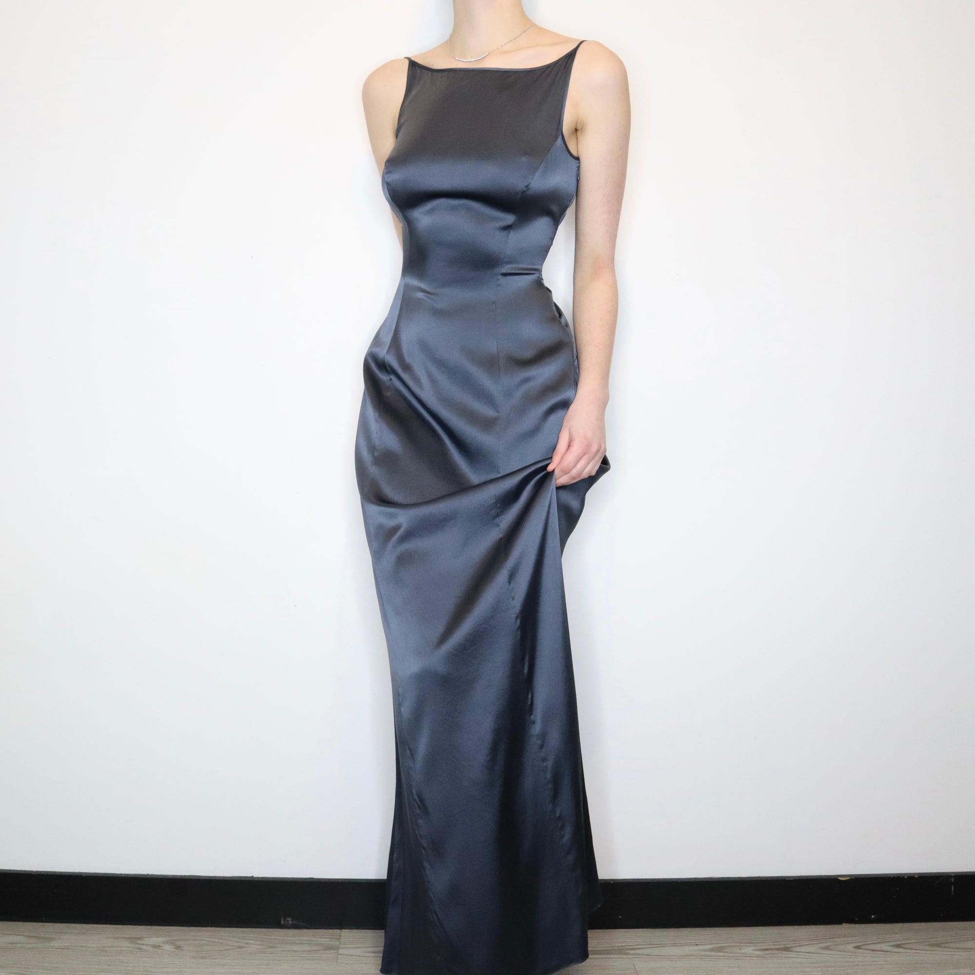 Midnight Blue Backless Silk Gown 