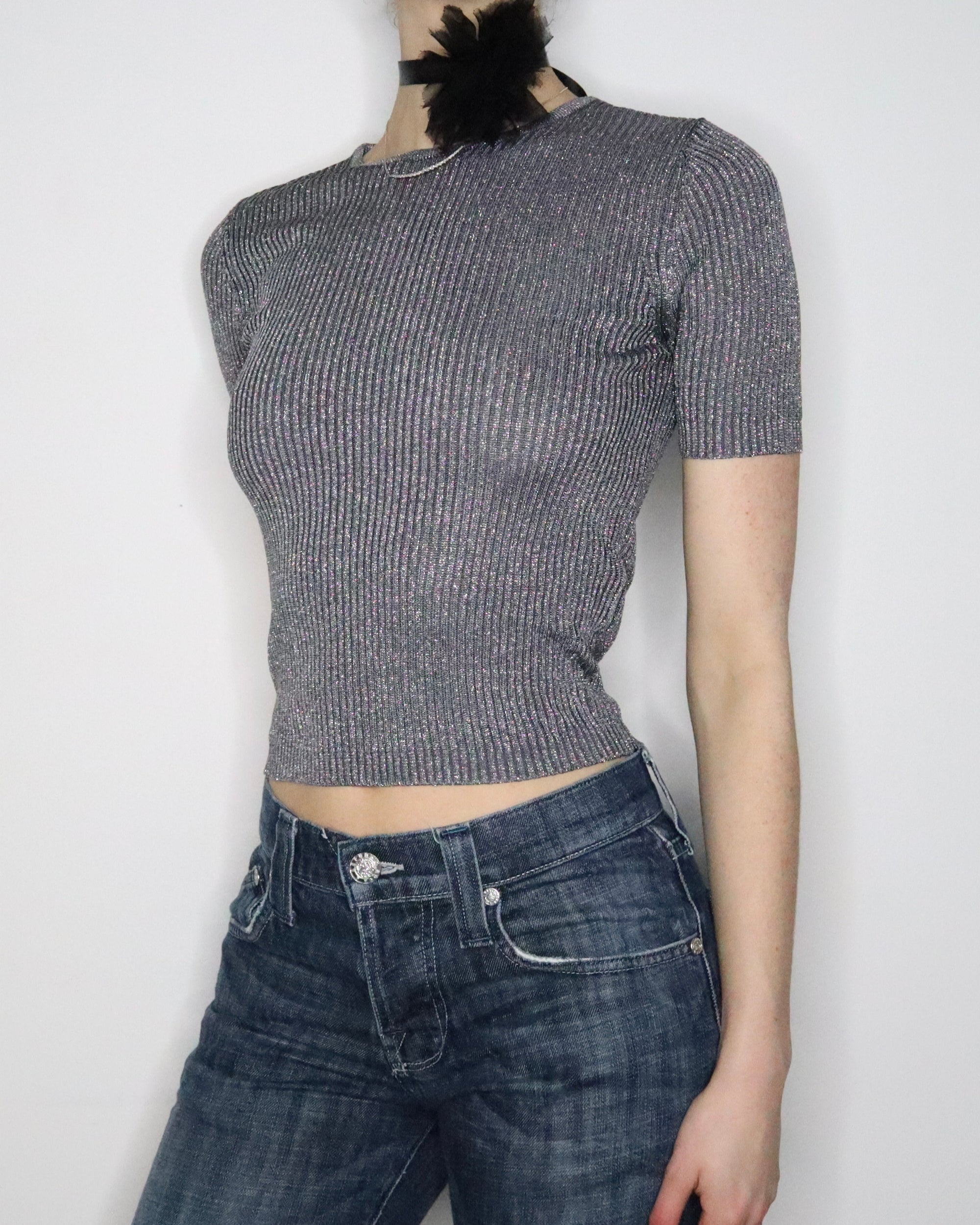 Silver Ribbed Knit Top (XS-S) 