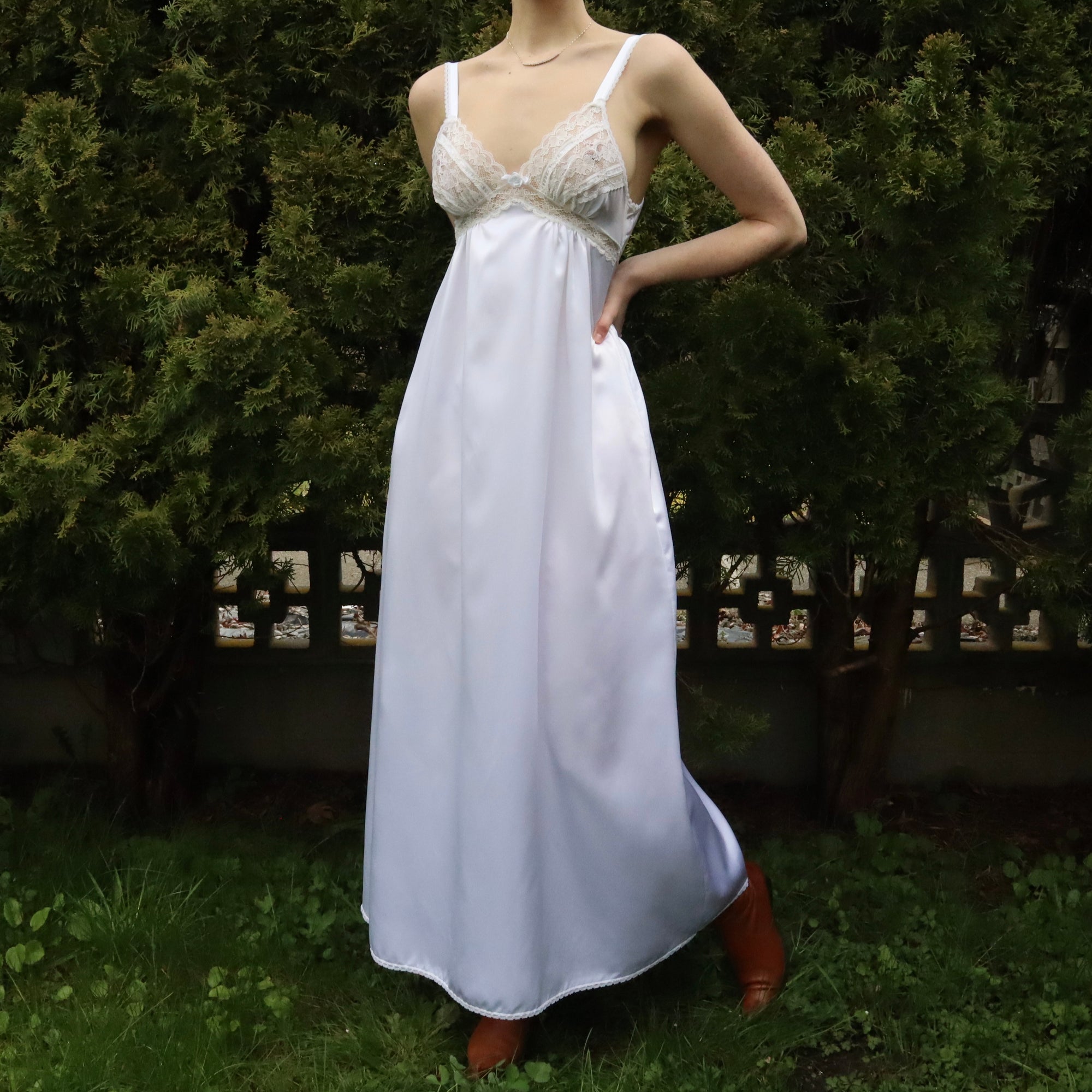 dior silk slip dress Vintage Christian Dior Slip 70s White Dress Slip Lace Trim Embroidered Dior Knee Length Polyester Size 36 Chic Classic Designer Lingerie