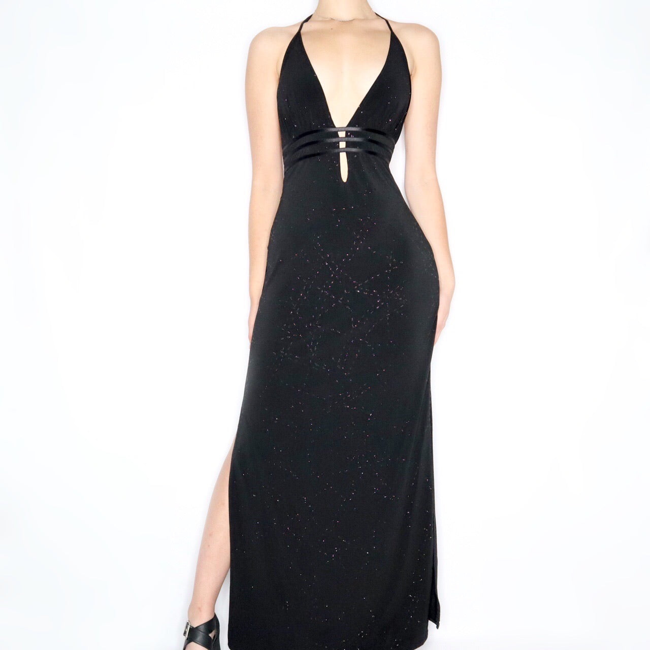 Vintage 90s Backless Black Glitter Gown