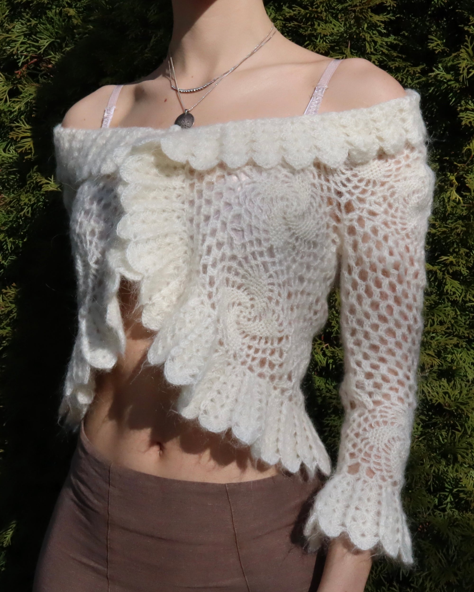 White Mohair Crochet Cardigan (Medium) 