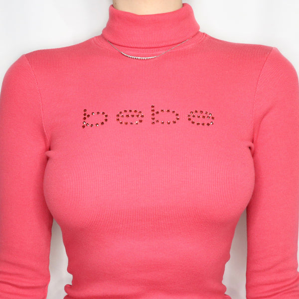 Vintage Early 2000s Bebe Pink Diamante Long Sleeve Turtleneck