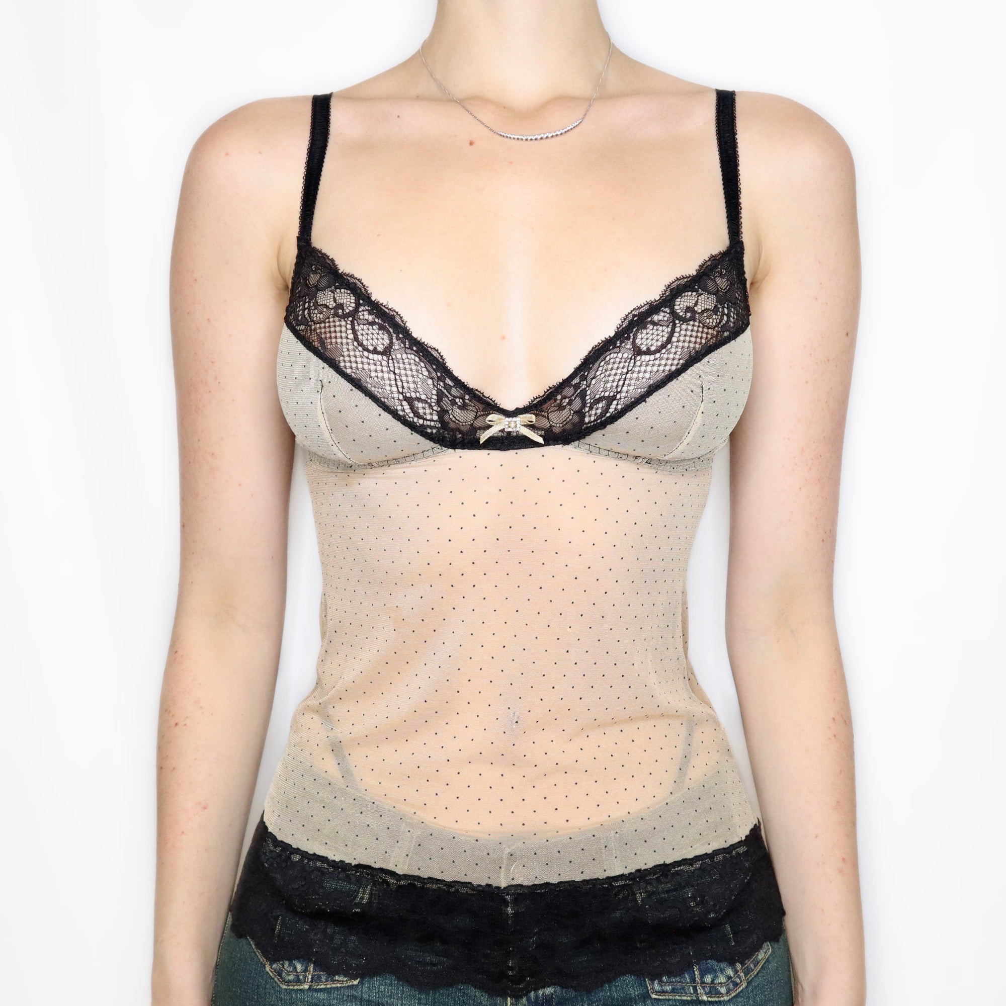 Vintage Early 2000s Ecru and Black Lace Bustier Cami