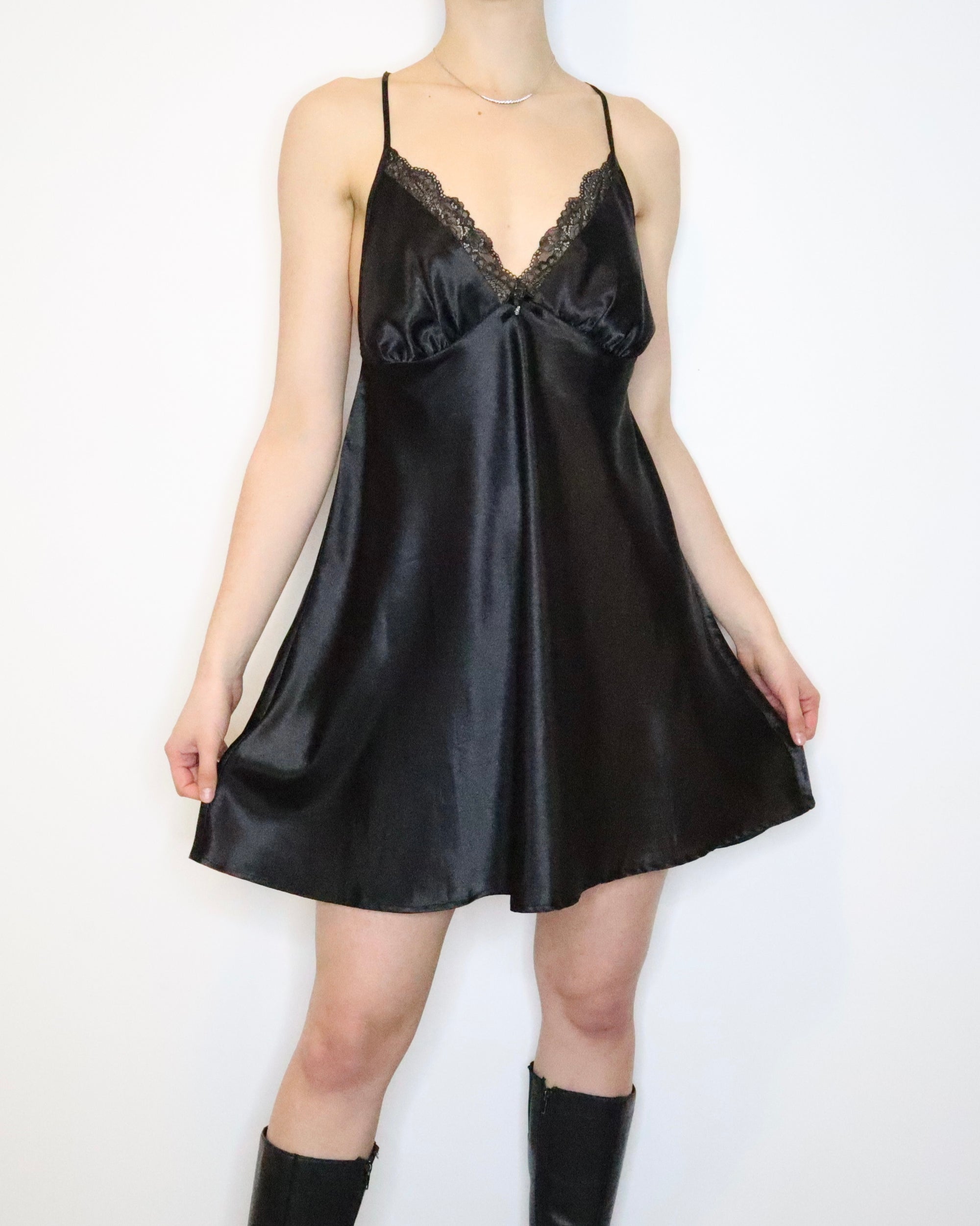 Backless Black Satin Slip Dress (XL) 