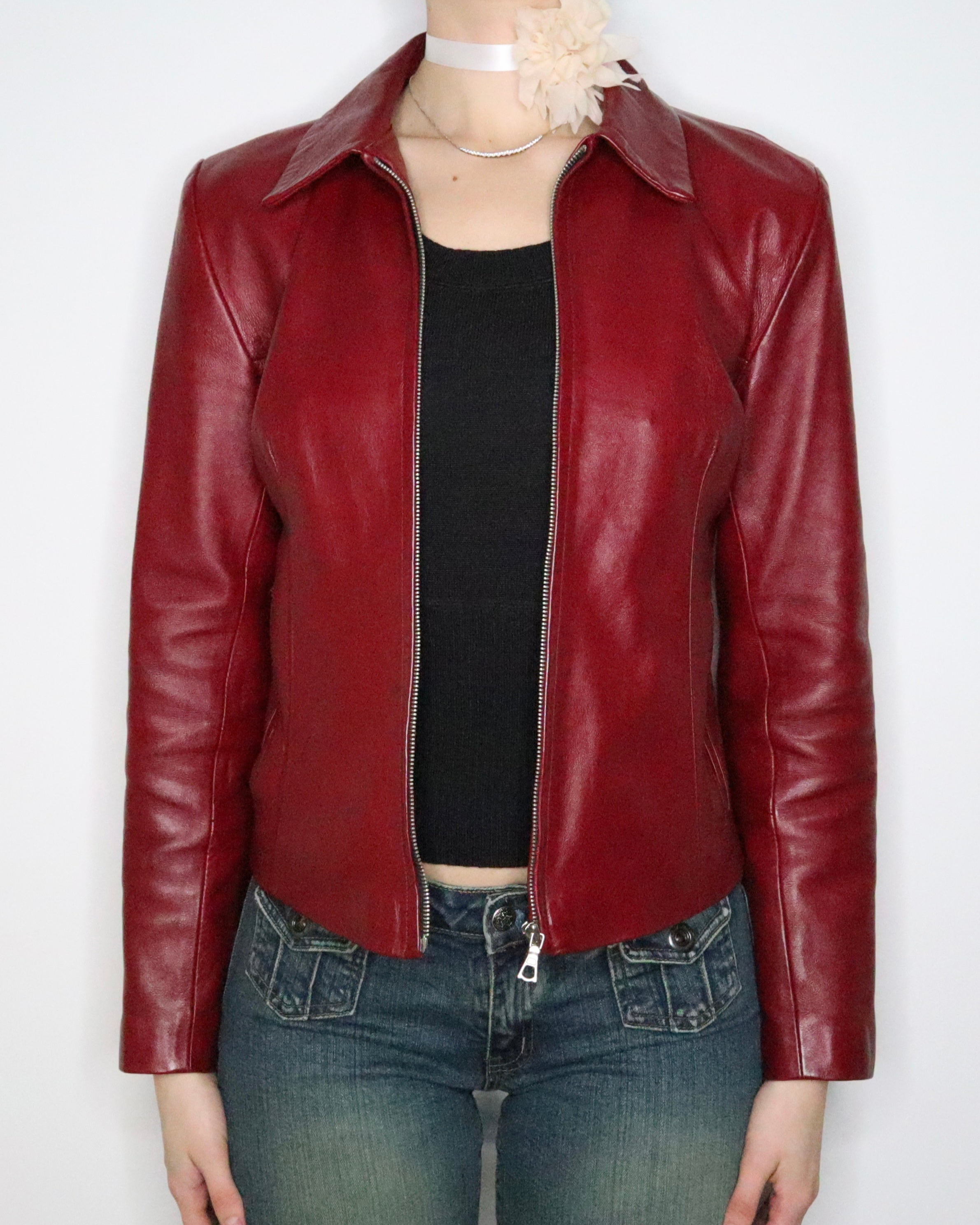 Red Leather Motorcycle Jacket for Women