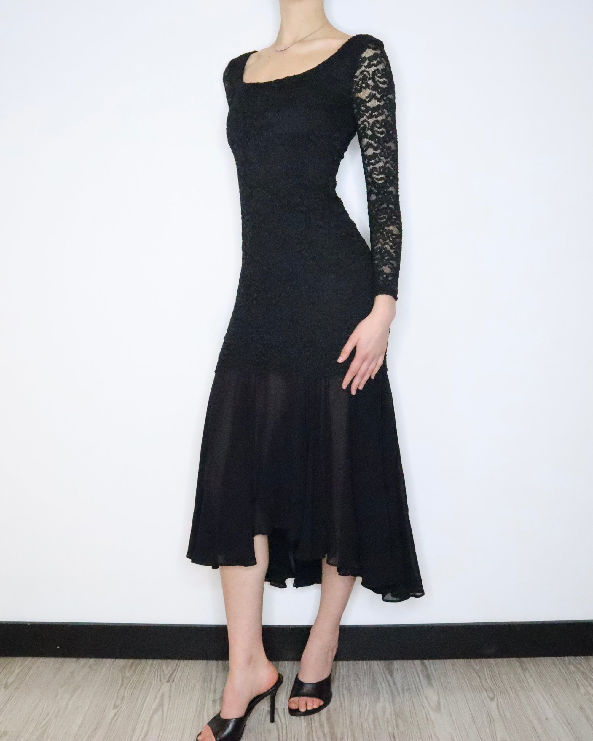 90s SHELLI SEGAL Black Lace Gown (S) 