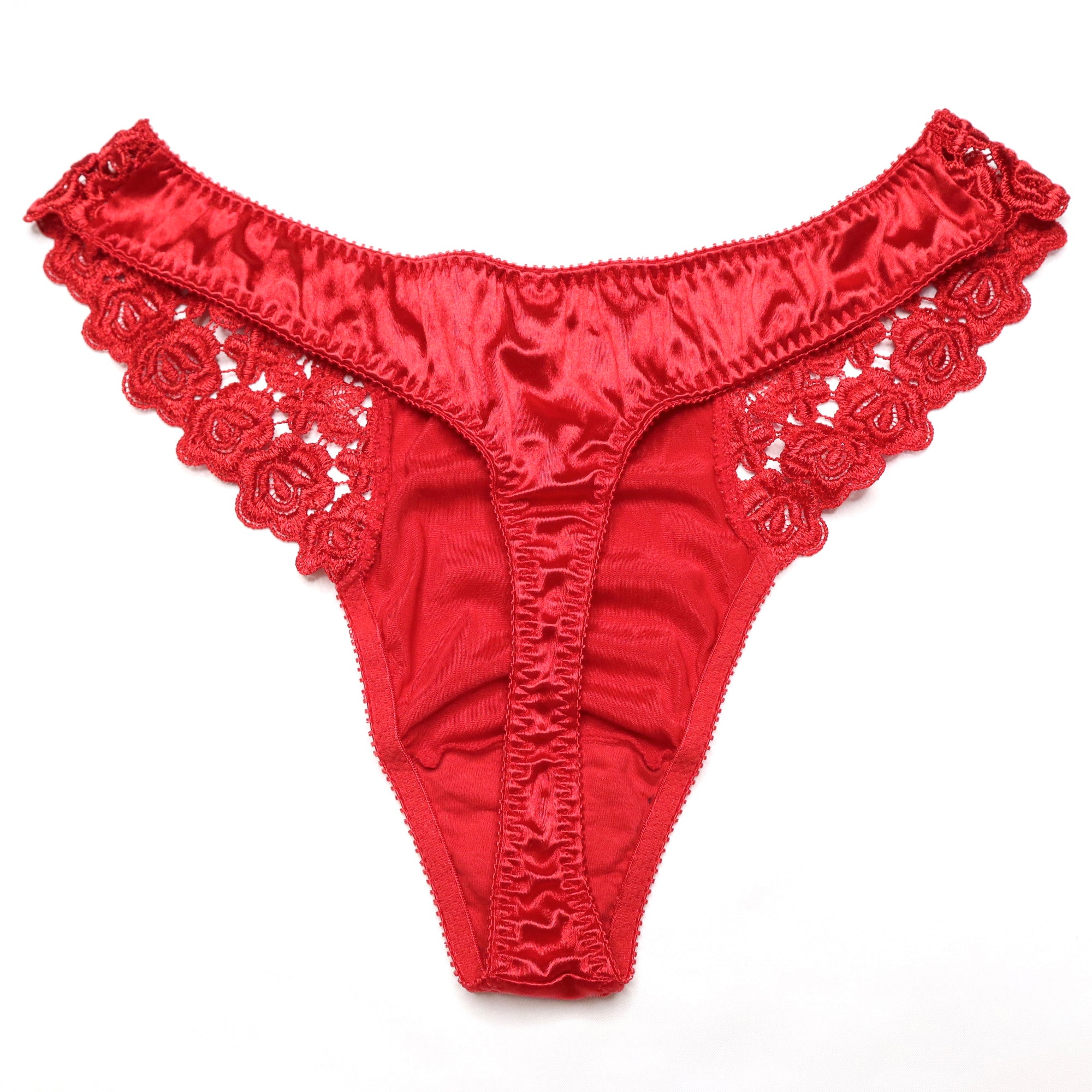 Vintage French Cut RED Lacey Stripe Thong Panty Size L