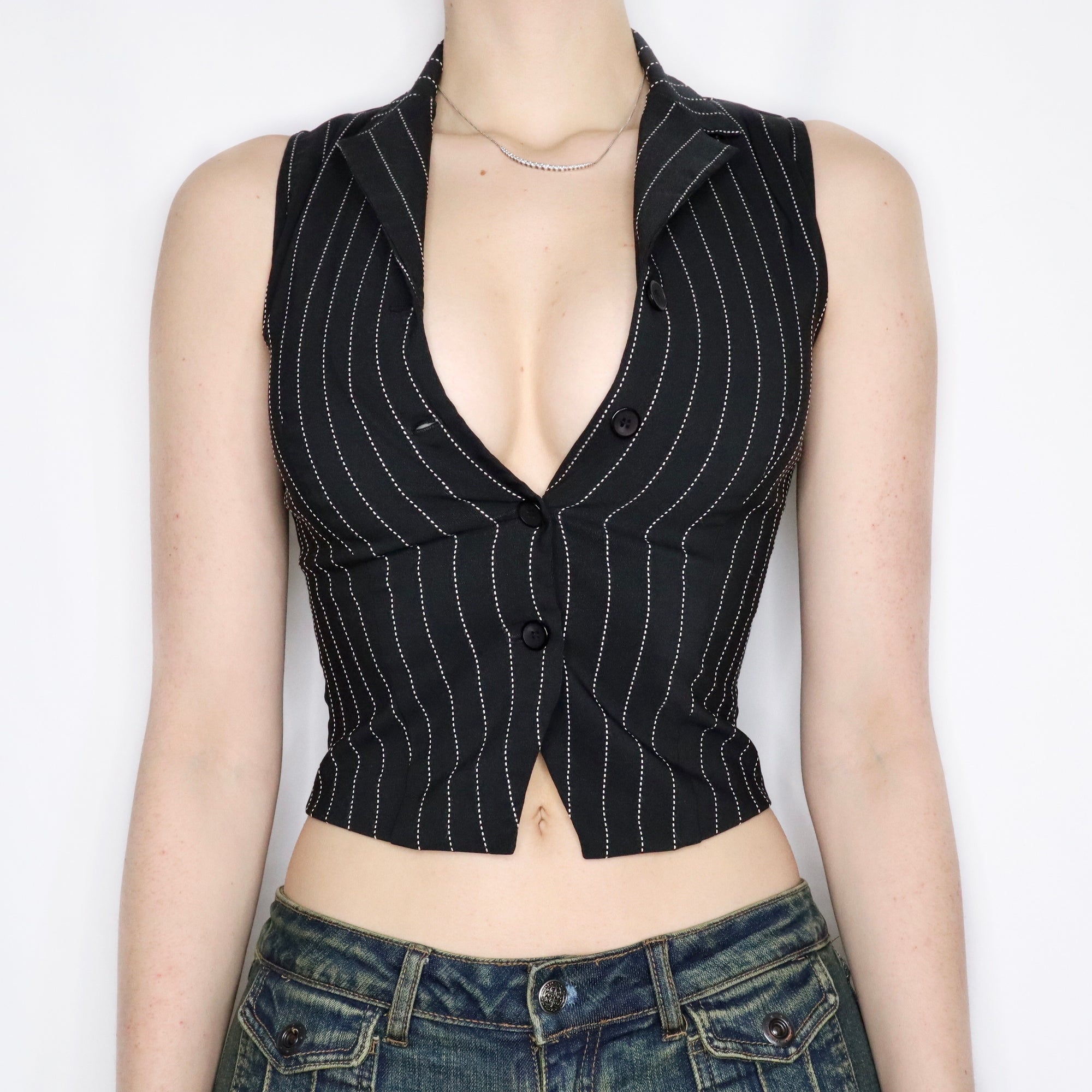 Vintage Early 2000s Black and White Pinstripe Button-Up Vest