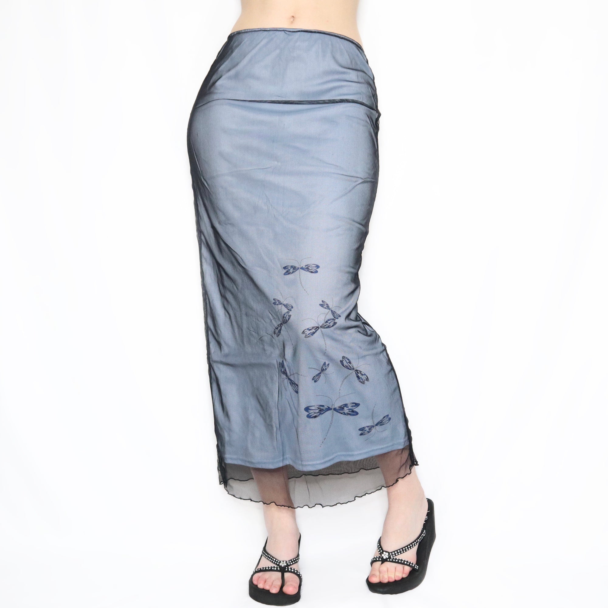 Vintage 90s Layered Mesh Dragonfly Maxi Skirt