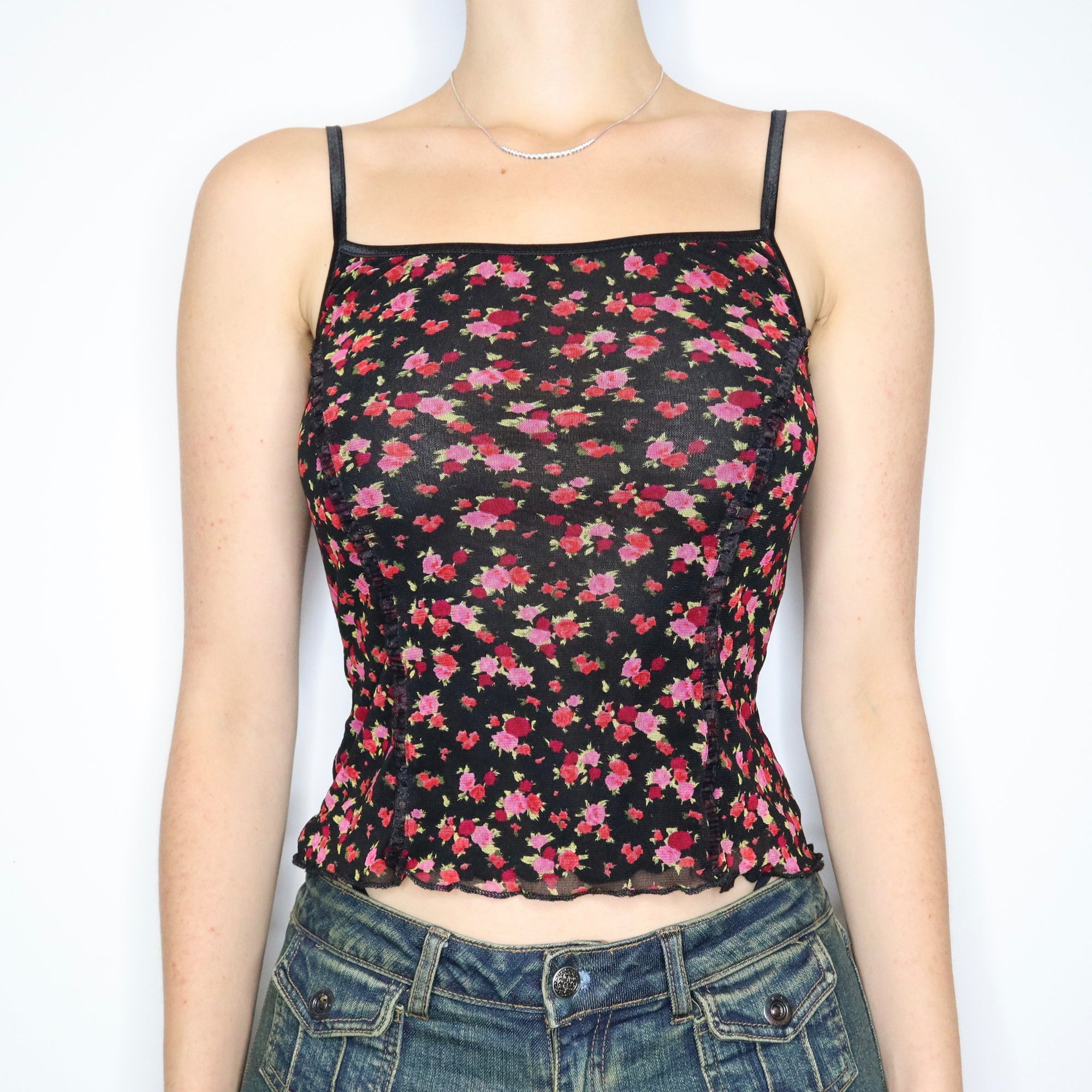 Vintage Early 2000s Disty Pink Floral Mesh Cami