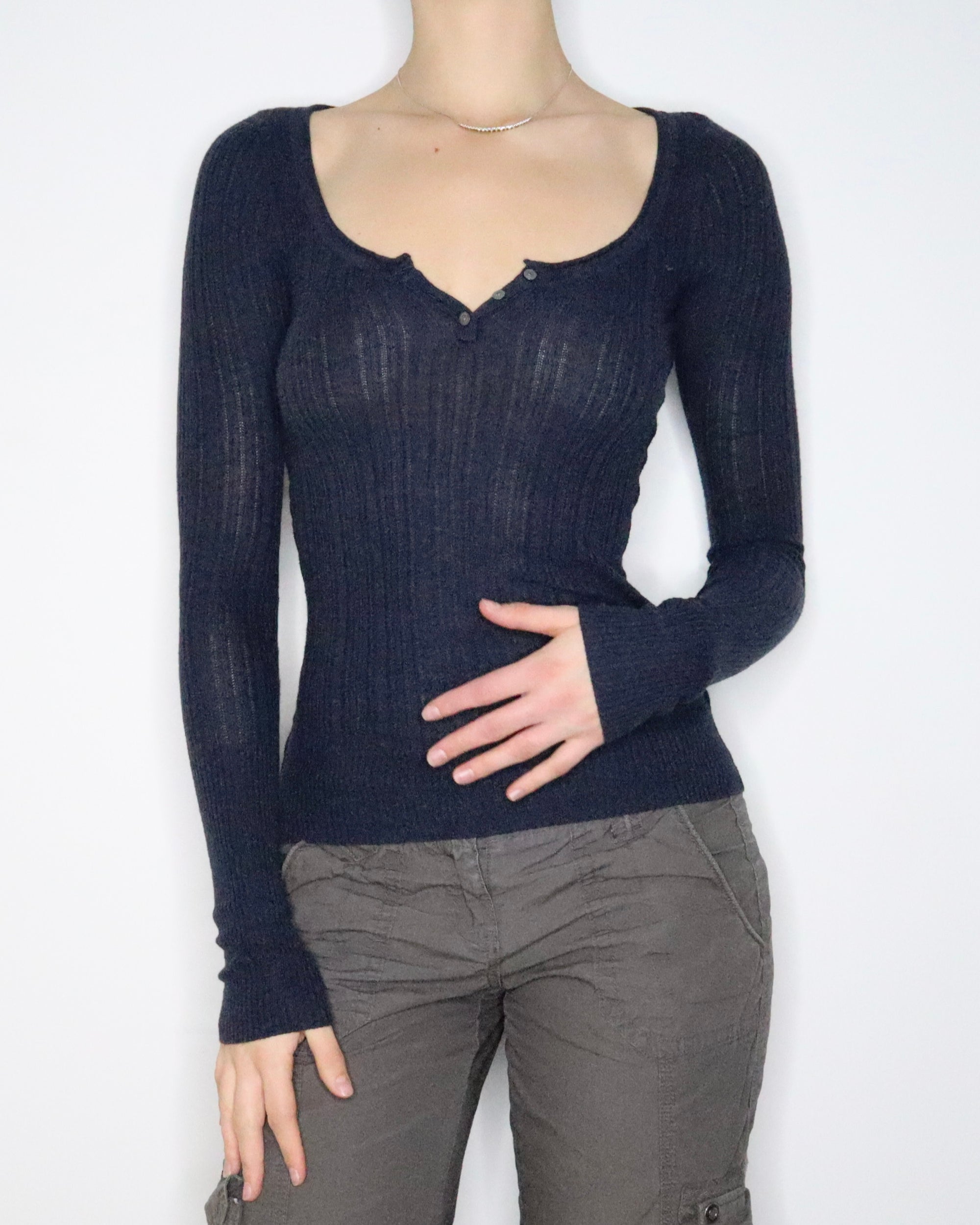 Navy Long Sleeve Henley Top (XS-S) 