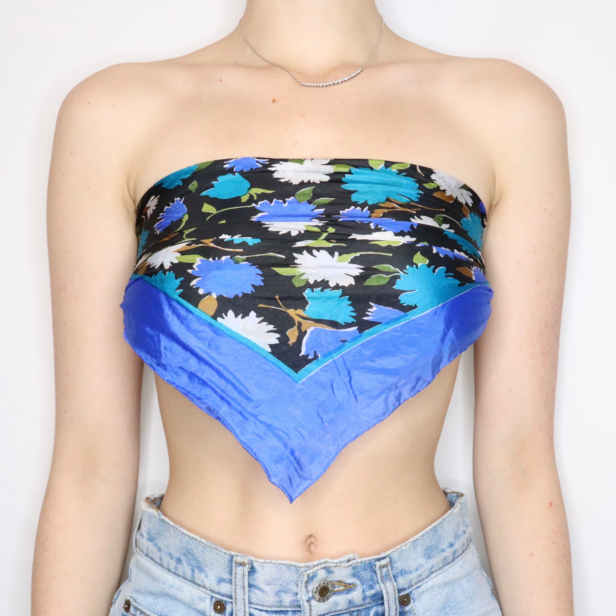 Vintage 90s Blue Flower Silk Scarf - Imber Vintage Vintage 90s Blue Flower Silk Scarf - Imber Vintage