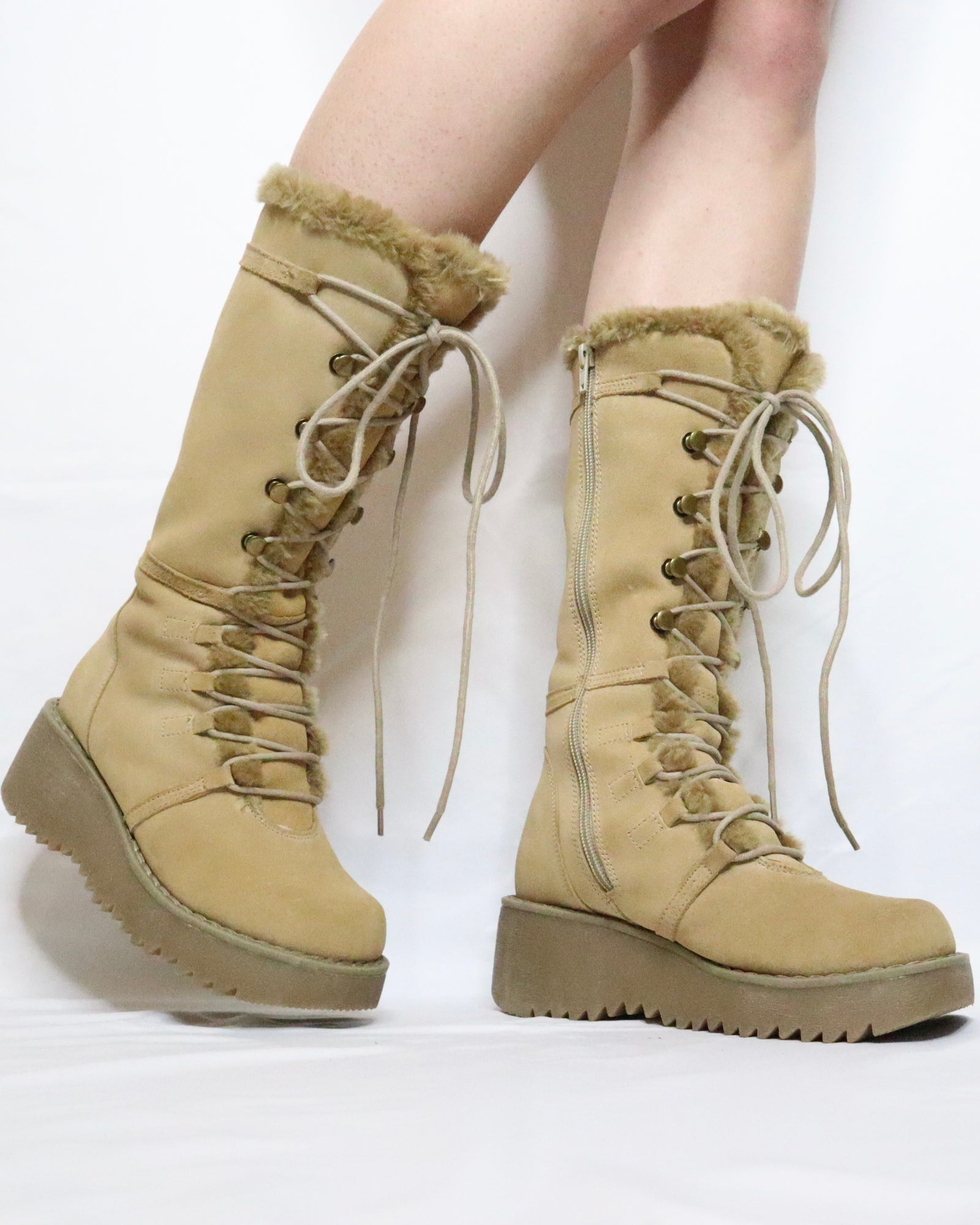 Tan Platform Lace Up Boots (6.5 US) - Imber Vintage