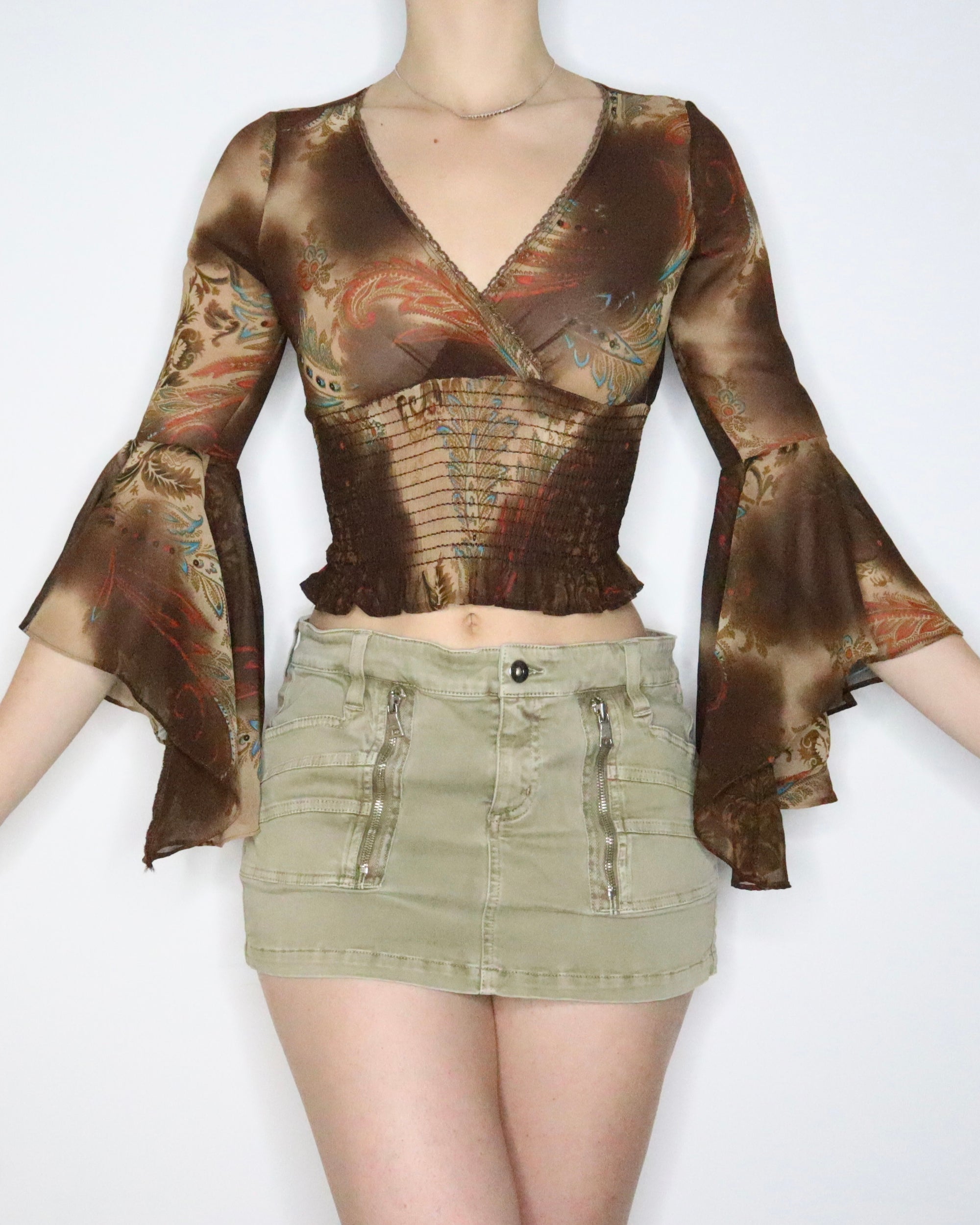 Brown Paisley Bell Sleeve Top (XS) 
